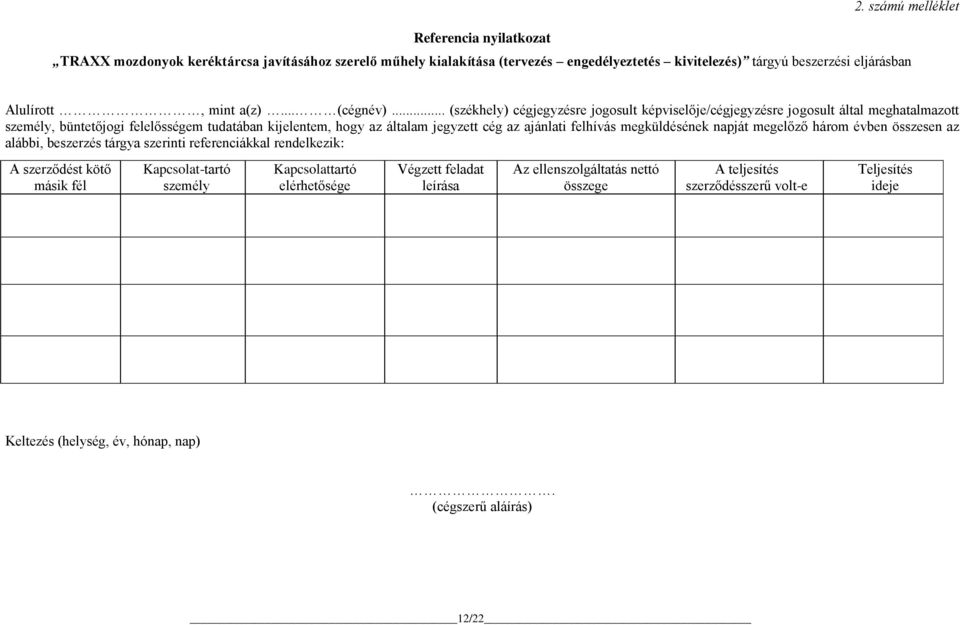 .. (székhely) cégjegyzésre jogosult képviselője/cégjegyzésre jogosult által meghatalmazott személy, büntetőjogi felelősségem tudatában kijelentem, hogy az általam jegyzett cég az ajánlati