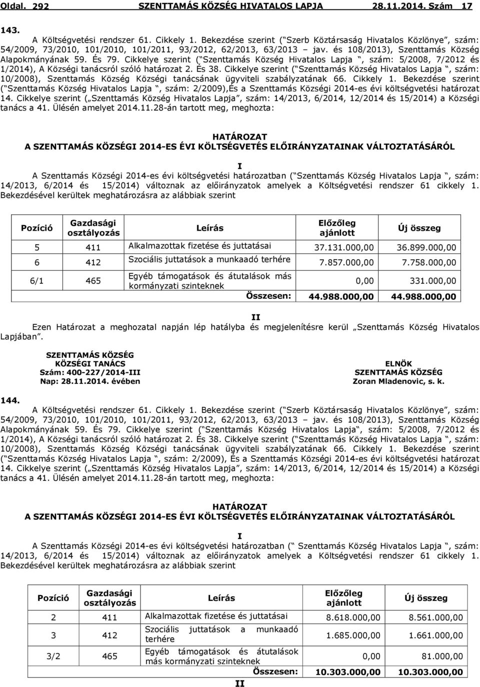 Cikkelye szerint ( Szenttamás Község Hivatalos Lapja, szám: 5/2008, 7/2012 és 1/2014), A Községi tanácsról szóló határozat 2. És 38.