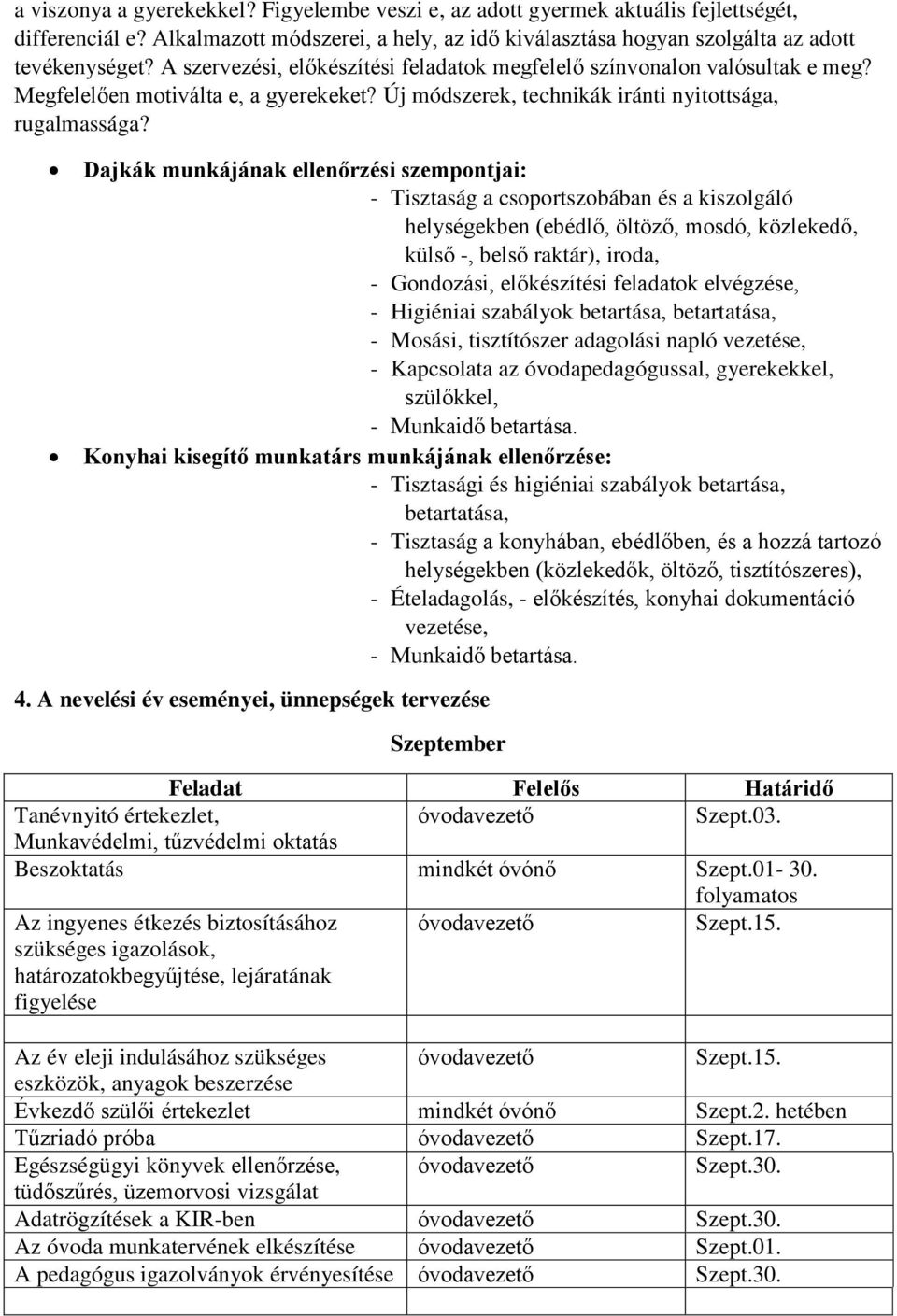 Dajkák munkájának ellenőrzési szempontjai: - Tisztaság a csoportszobában és a kiszolgáló helységekben (ebédlő, öltöző, mosdó, közlekedő, külső -, belső raktár), iroda, - Gondozási, előkészítési