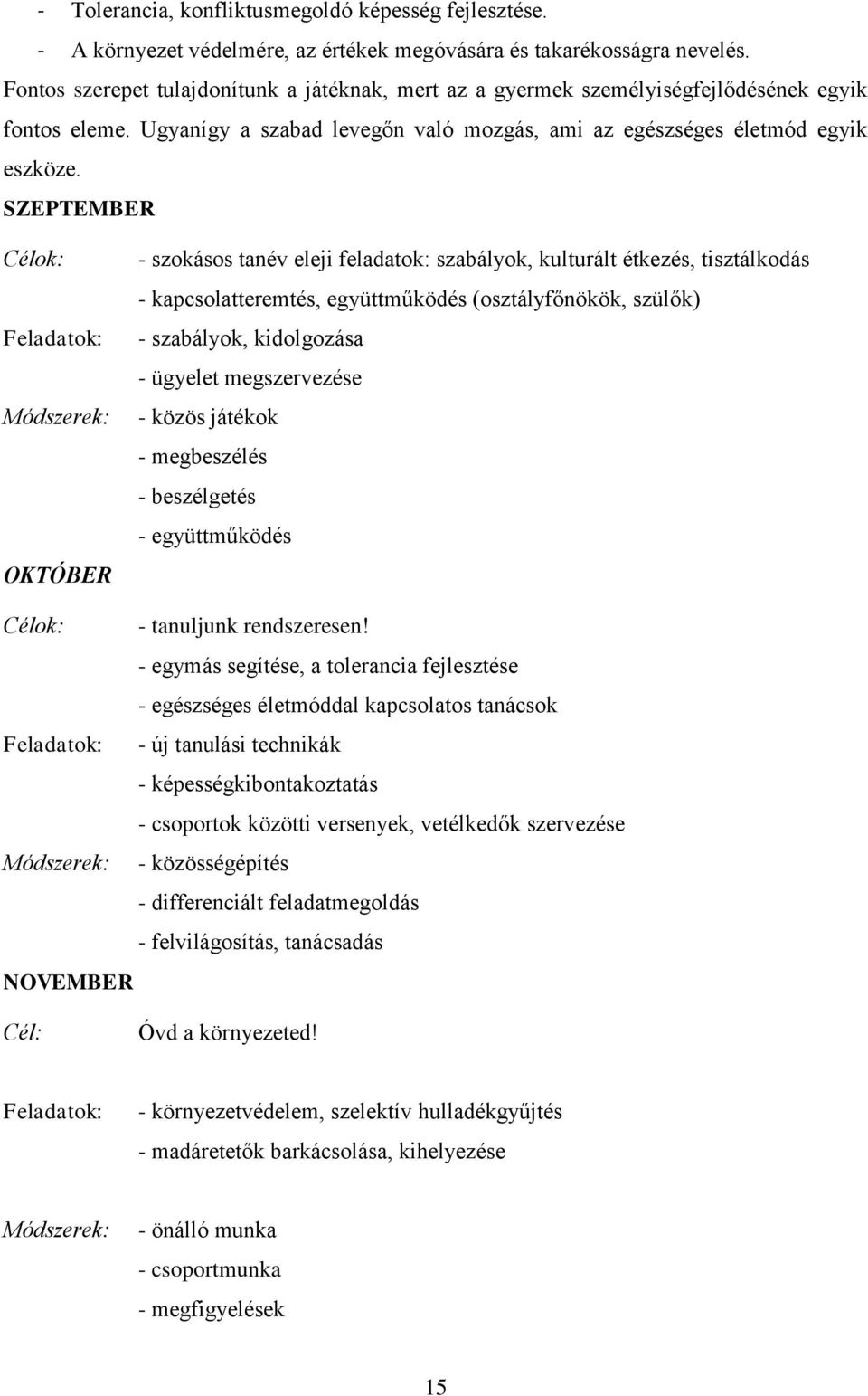 SZEPTEMBER Célok: Feladatok: Módszerek: OKTÓBER - szokásos tanév eleji feladatok: szabályok, kulturált étkezés, tisztálkodás - kapcsolatteremtés, együttműködés (osztályfőnökök, szülők) - szabályok,