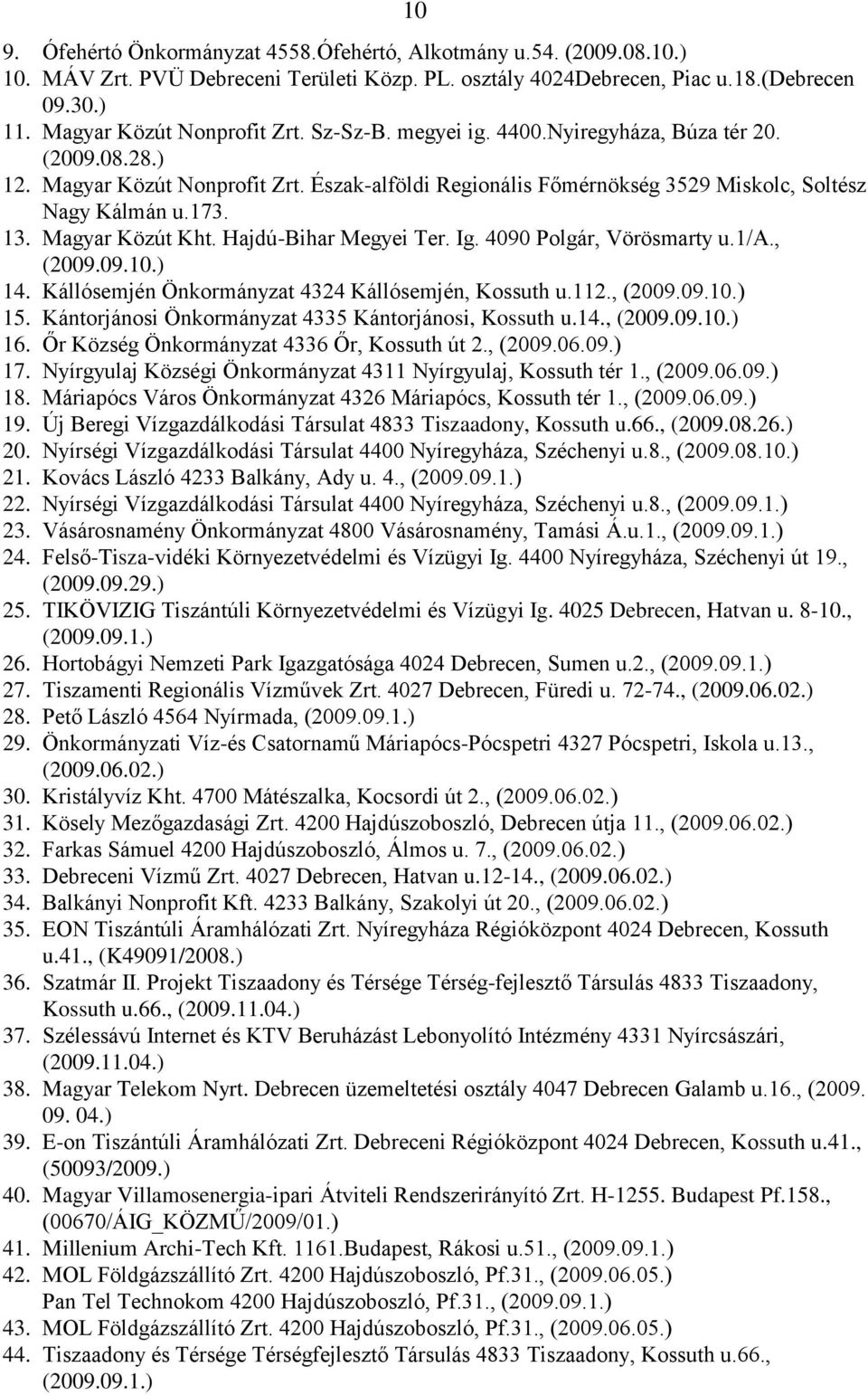 Hajdú-Bihar Megyei Ter. Ig. 4090 Polgár, Vörösmarty u.1/a., (2009.09.10.) 14. Kállósemjén Önkormányzat 4324 Kállósemjén, Kossuth u.112., (2009.09.10.) 15.