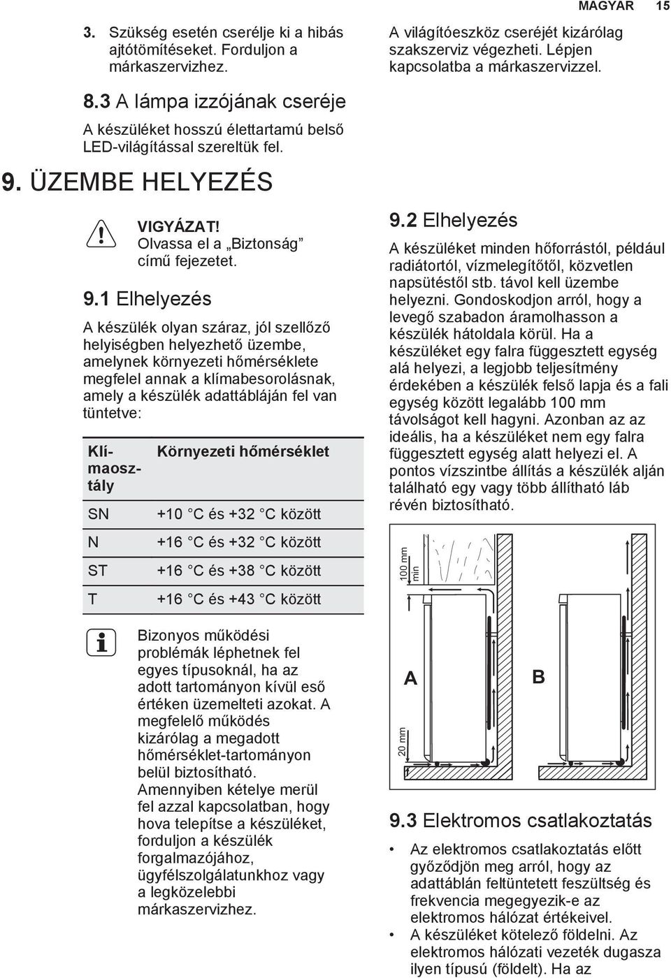 1 Elhelyezés A készülék olyan száraz, jól szellőző helyiségben helyezhető üzembe, amelynek környezeti hőmérséklete megfelel annak a klímabesorolásnak, amely a készülék adattábláján fel van tüntetve: