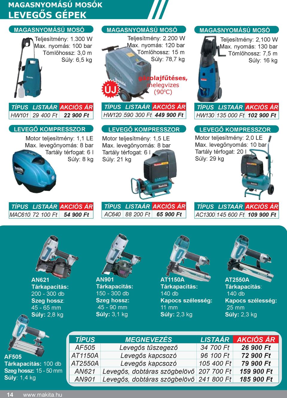 449 900 Ft TÍPUS HW130 135 000 Ft 102 900 Ft LEVEGÕ KOMPRESSZOR LEVEGÕ KOMPRESSZOR LEVEGÕ KOMPRESSZOR Motor teljesítmény: 1,1 LE Max.