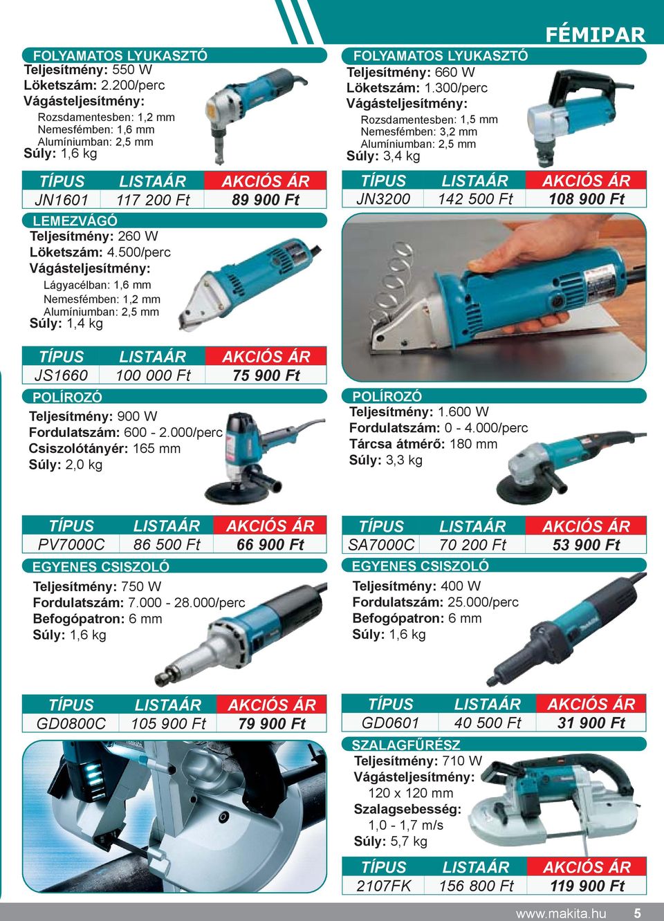 500/perc Vágásteljesítmény: Lágyacélban: 1,6 mm Nemesfémben: 1,2 mm Alumíniumban: 2,5 mm Súly: 1,4 kg TÍPUS JS1660 100 000 Ft 75 900 Ft POLÍROZÓ Teljesítmény: 900 W Fordulatszám: 600-2.