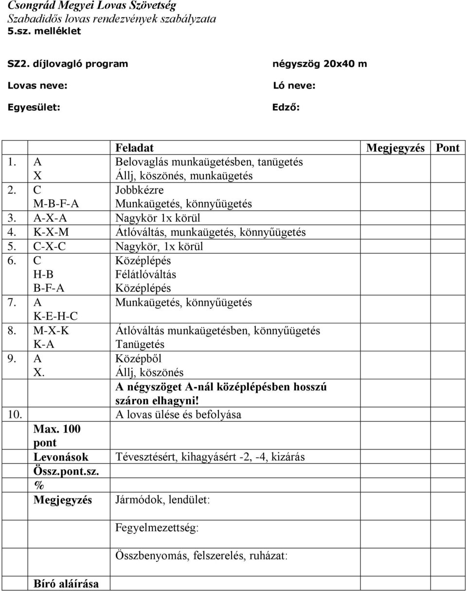 ., könnyűügetés Átlóváltás munkaügetésben, könnyűügetés Tanügetés négyszöget -nál középlépésben hosszú száron elhagyni! 10. lovas ülése és befolyása ax.