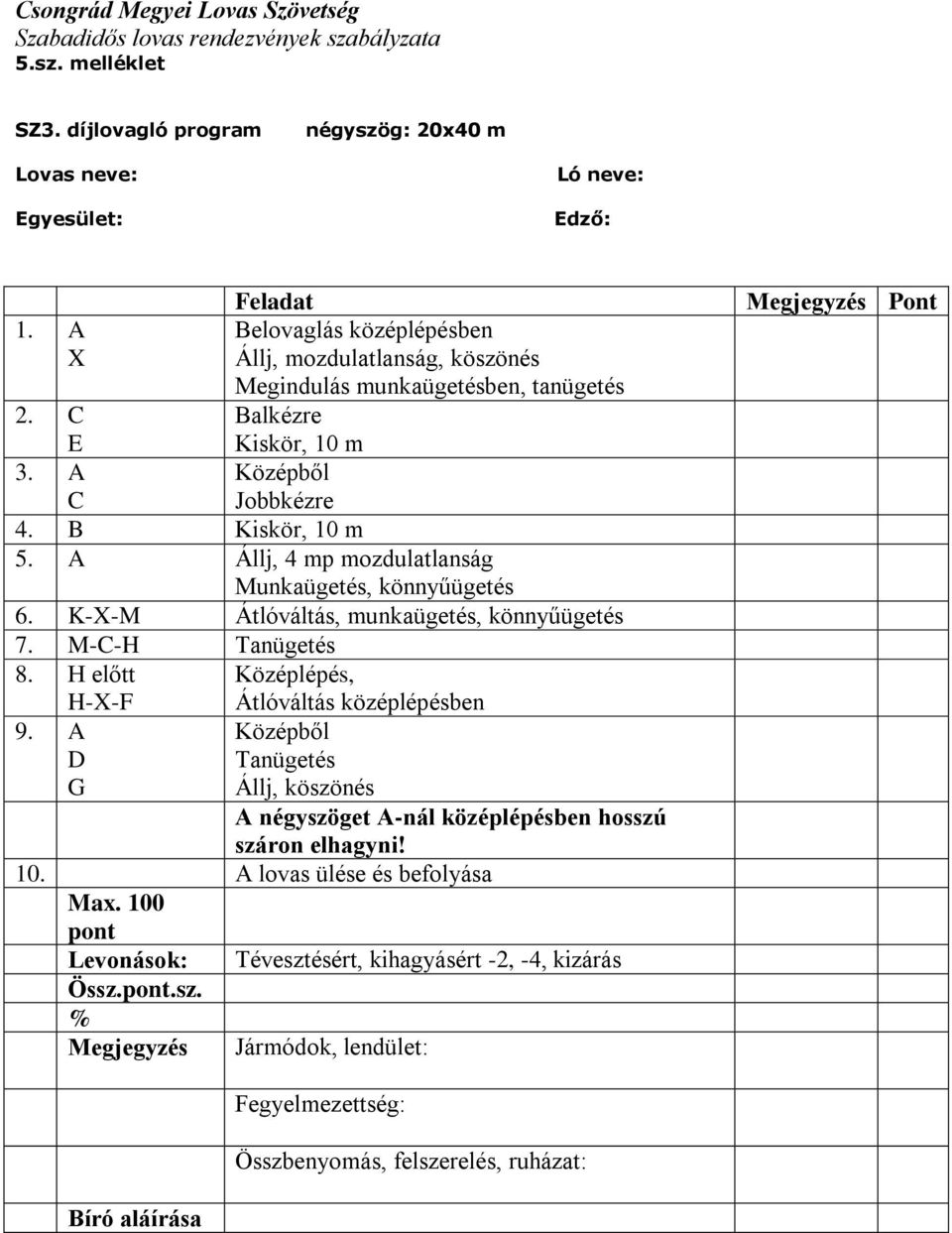 Állj, 4 mp mozdulatlanság, könnyűügetés 6. K-- Átlóváltás, munkaügetés, könnyűügetés 7. --H Tanügetés 8. H előtt H--F 9.