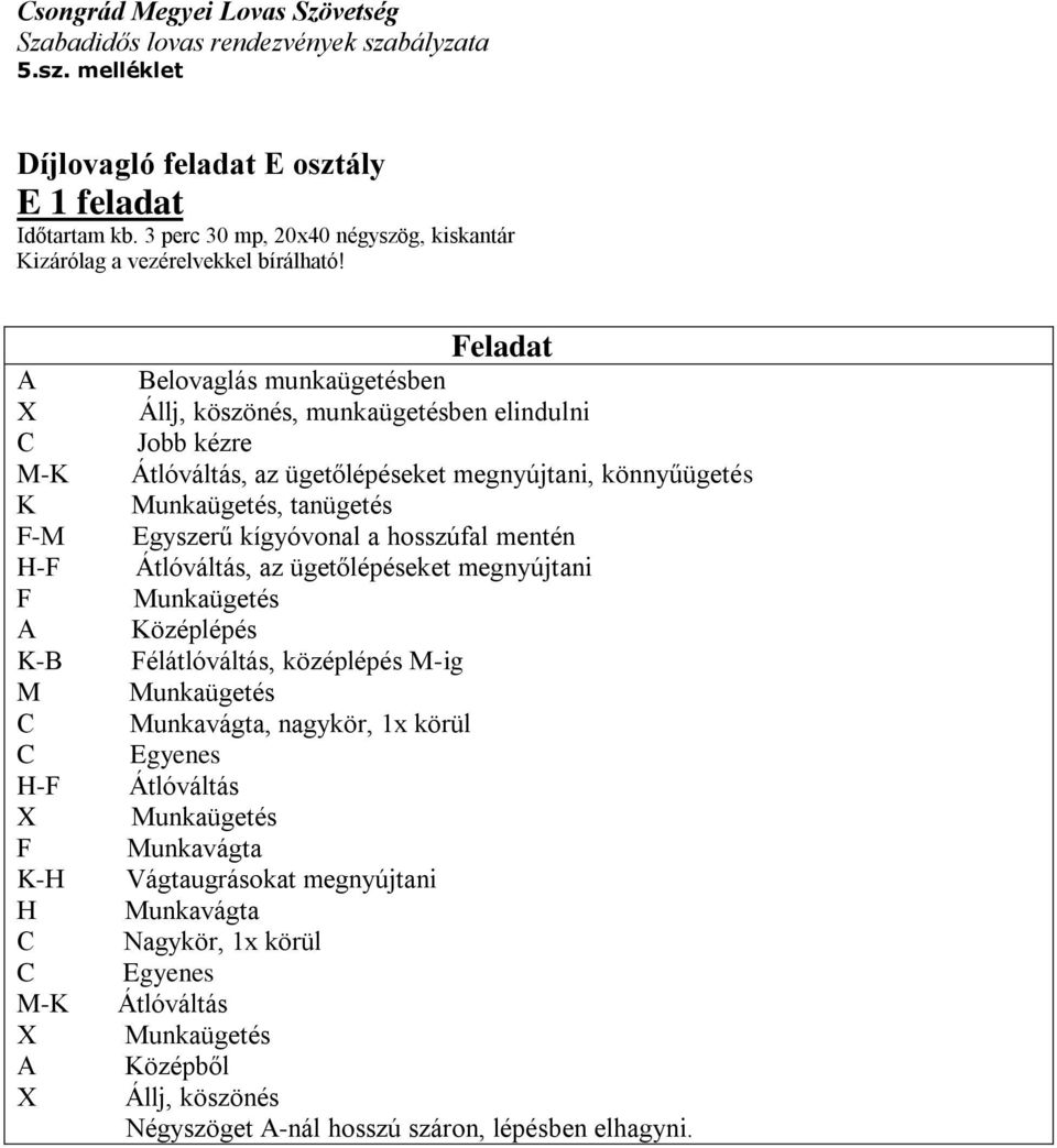 -K K F- H-F F K- H-F F K-H H -K elovaglás munkaügetésben, munkaügetésben elindulni Jobb kézre Átlóváltás, az ügetőlépéseket megnyújtani,