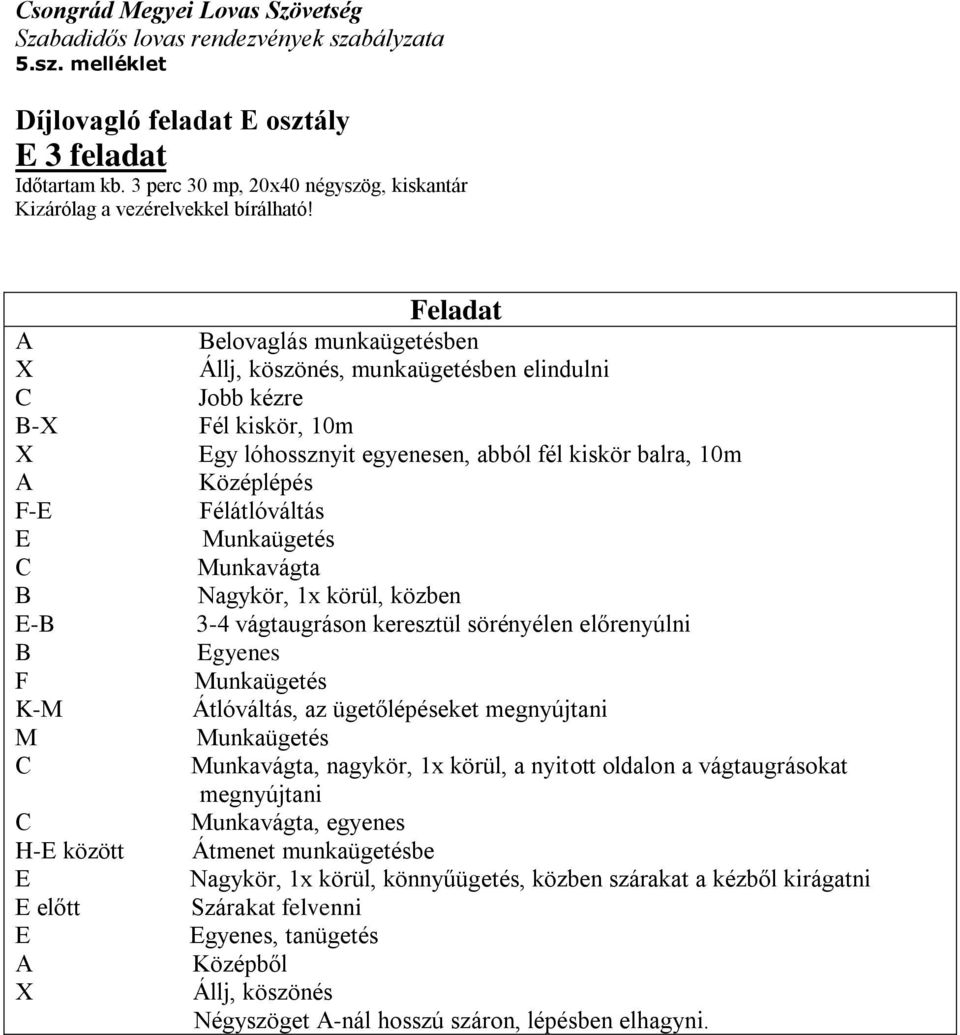 1x körül, közben 3-4 vágtaugráson keresztül sörényélen előrenyúlni gyenes Átlóváltás, az ügetőlépéseket megnyújtani unkavágta, nagykör, 1x körül, a nyitott oldalon a vágtaugrásokat