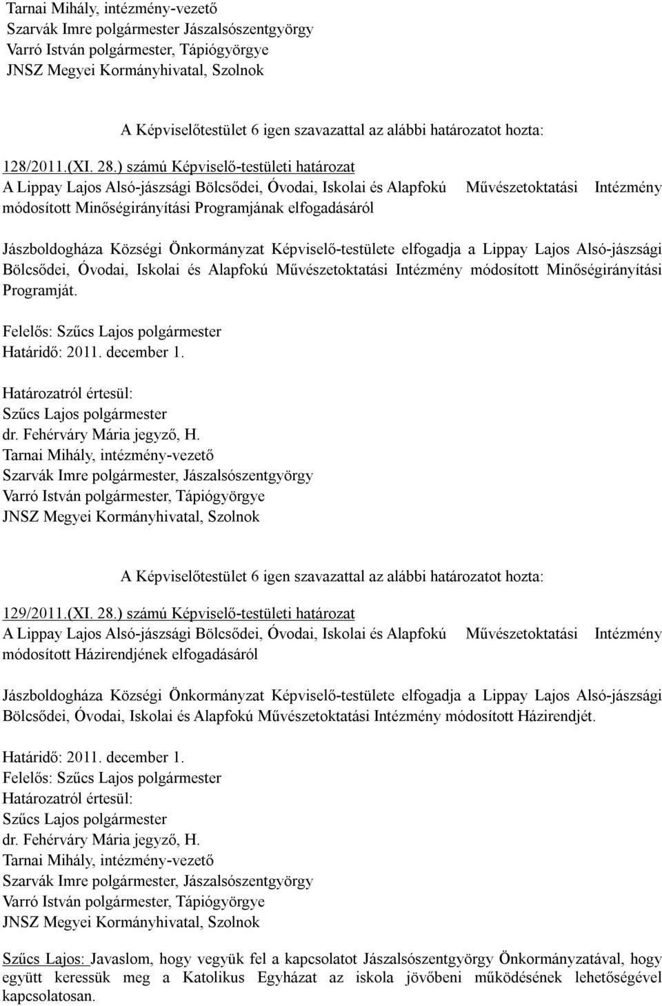 Jászboldogháza Községi Önkormányzat Képviselő-testülete elfogadja a Lippay Lajos Alsó-jászsági Bölcsődei, Óvodai, Iskolai és Alapfokú Művészetoktatási Intézmény módosított Minőségirányítási