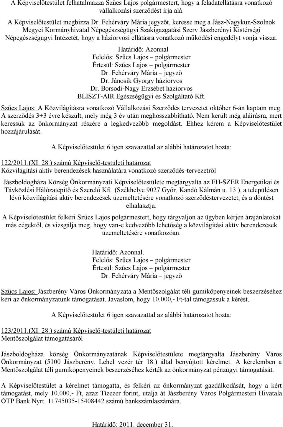 vonatkozó működési engedélyt vonja vissza. Határidő: Azonnal Dr. Fehérváry Mária jegyző Dr. Jánosik György háziorvos Dr. Borsodi-Nagy Erzsébet háziorvos BLISZT-AIR Egészségügyi és Szolgáltató Kft.