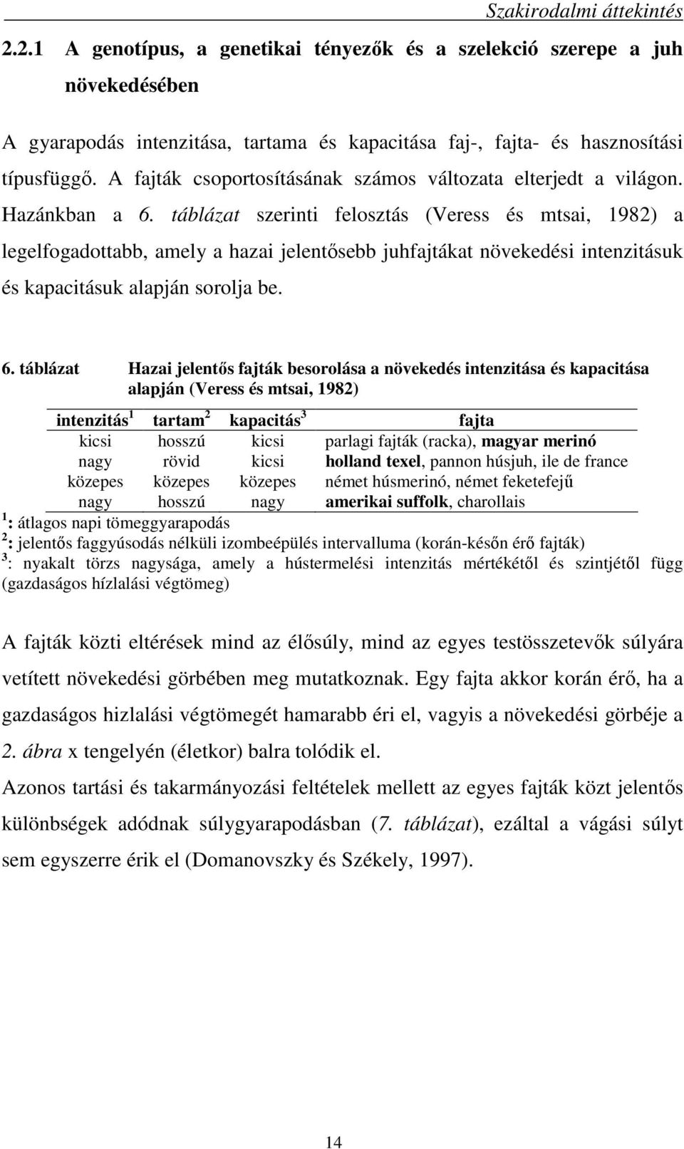 táblázat szerinti felosztás (Veress és mtsai, 1982) a legelfogadottabb, amely a hazai jelentısebb juhfajtákat növekedési intenzitásuk és kapacitásuk alapján sorolja be. 6.