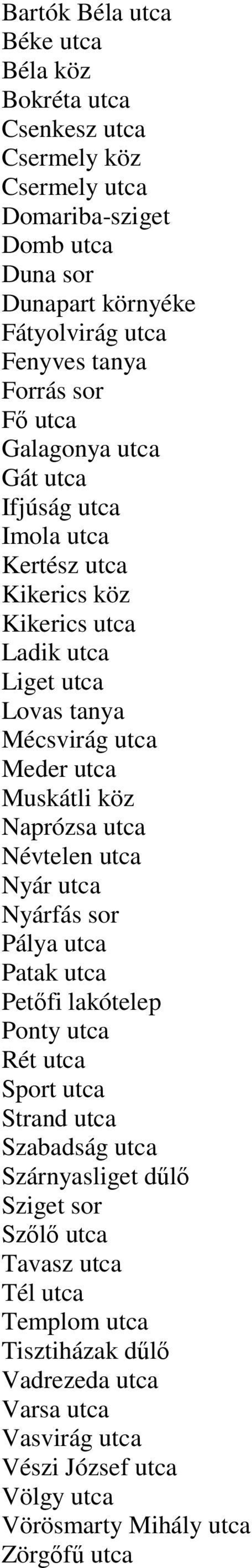Muskátli köz Naprózsa utca Névtelen utca Nyár utca Nyárfás sor Pálya utca Patak utca Petőfi lakótelep Ponty utca Rét utca Sport utca Strand utca Szabadság utca Szárnyasliget
