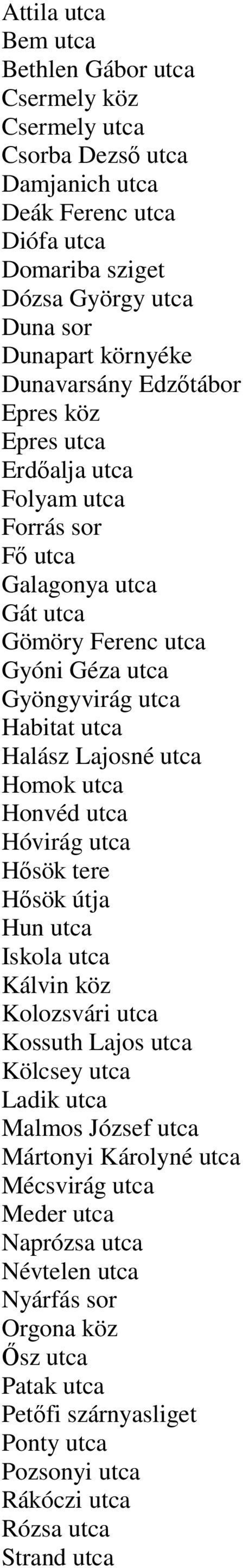 Lajosné utca Homok utca Honvéd utca Hóvirág utca Hősök tere Hősök útja Hun utca Iskola utca Kálvin köz Kolozsvári utca Kossuth Lajos utca Kölcsey utca Ladik utca Malmos József utca