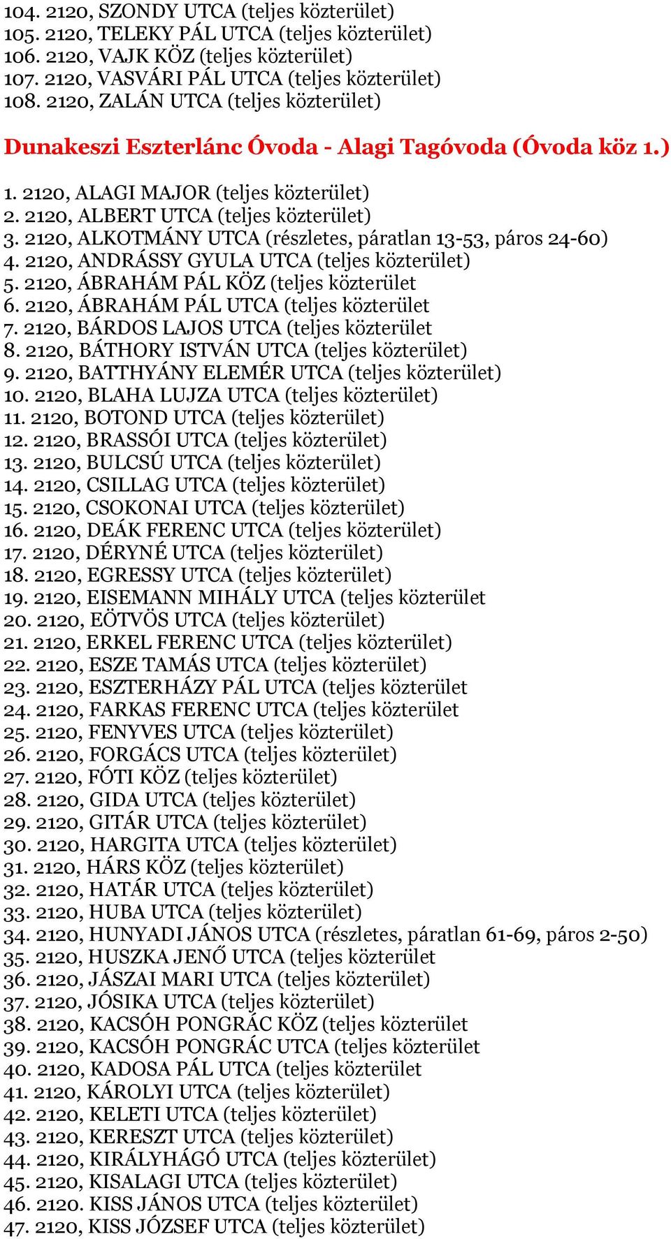 2120, ALKOTMÁNY UTCA (részletes, páratlan 13-53, páros 24-60) 4. 2120, ANDRÁSSY GYULA UTCA (teljes közterület) 5. 2120, ÁBRAHÁM PÁL KÖZ (teljes közterület 6.