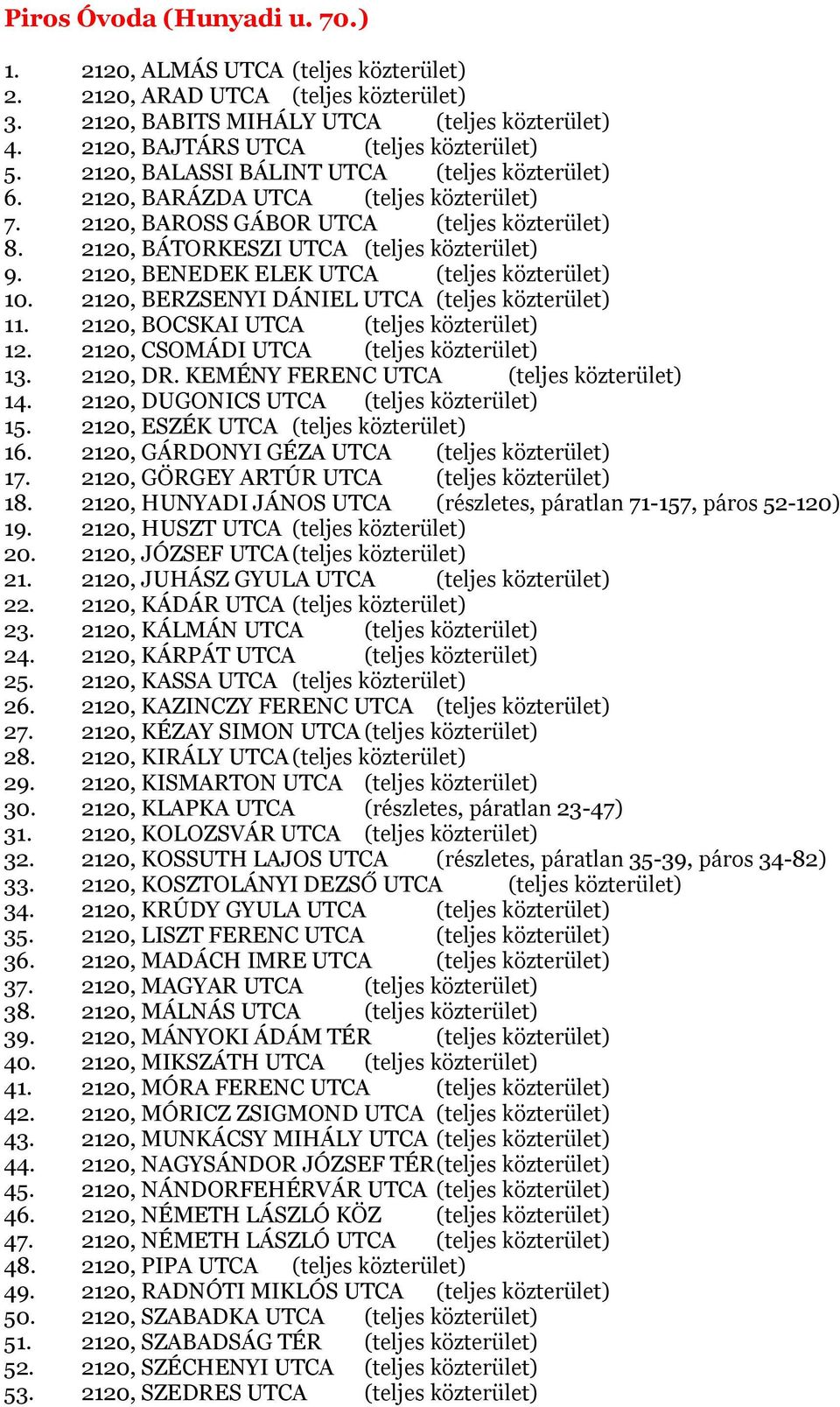 2120, BENEDEK ELEK UTCA (teljes közterület) 10. 2120, BERZSENYI DÁNIEL UTCA (teljes közterület) 11. 2120, BOCSKAI UTCA (teljes közterület) 12. 2120, CSOMÁDI UTCA (teljes közterület) 13. 2120, DR.