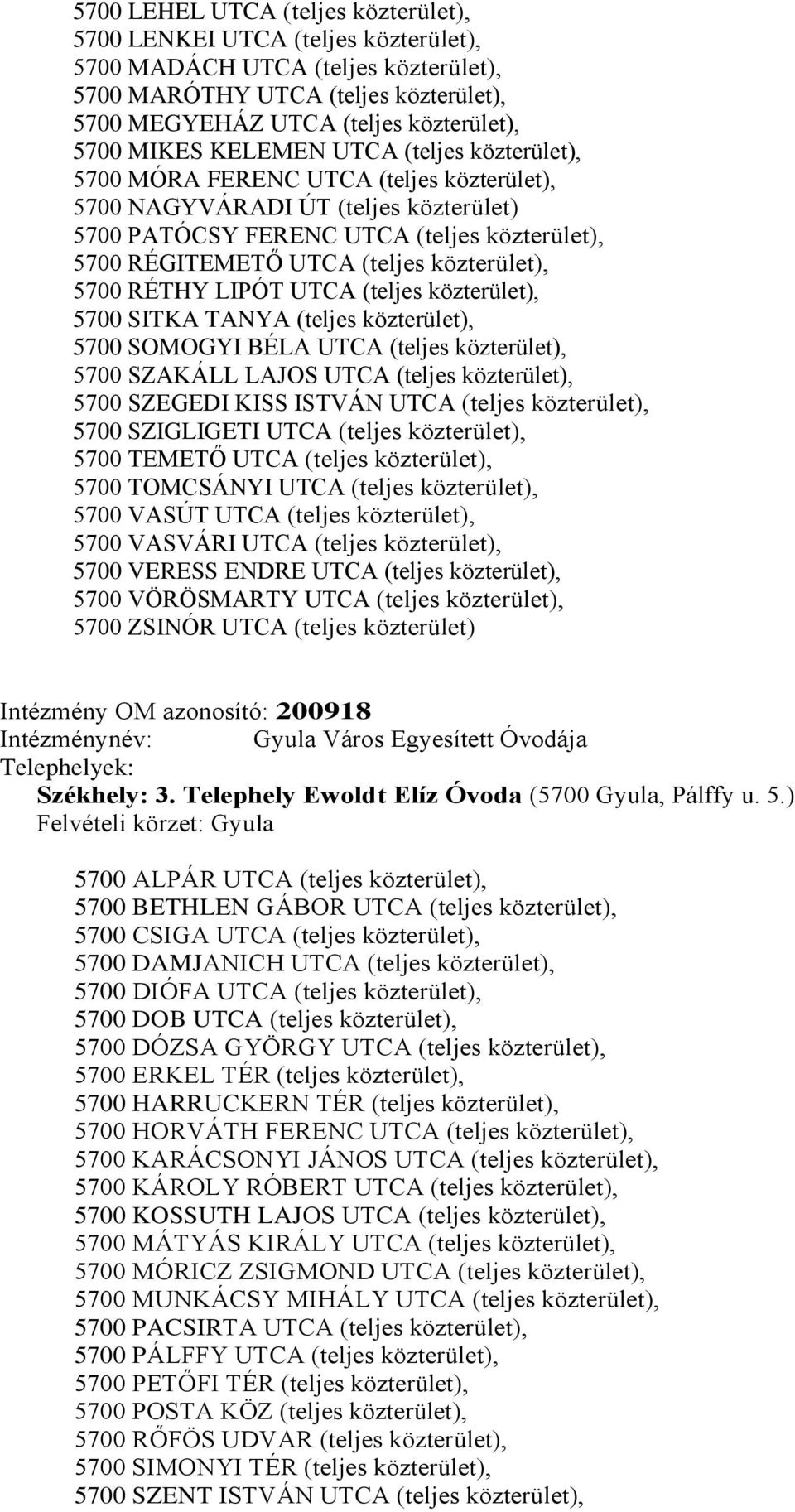 közterület), 5700 RÉTHY LIPÓT UTCA (teljes közterület), 5700 SITKA TANYA (teljes közterület), 5700 SOMOGYI BÉLA UTCA (teljes közterület), 5700 SZAKÁLL LAJOS UTCA (teljes közterület), 5700 SZEGEDI