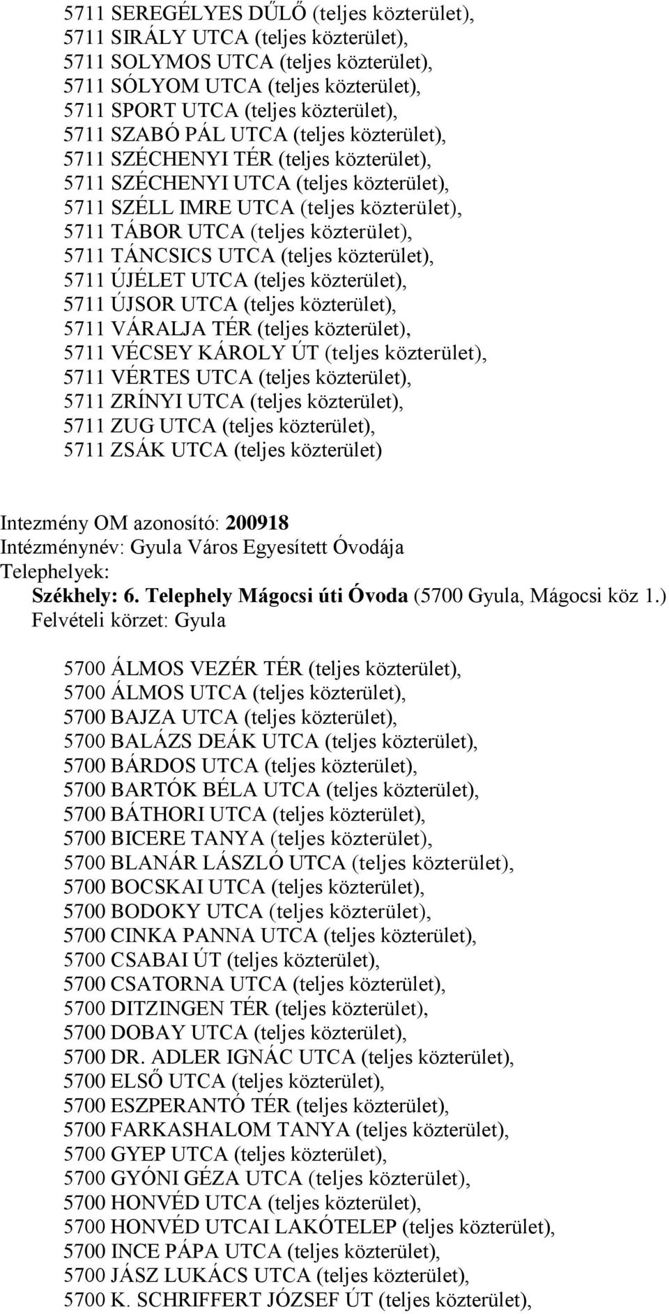 5711 TÁNCSICS UTCA (teljes közterület), 5711 ÚJÉLET UTCA (teljes közterület), 5711 ÚJSOR UTCA (teljes közterület), 5711 VÁRALJA TÉR (teljes közterület), 5711 VÉCSEY KÁROLY ÚT (teljes közterület),