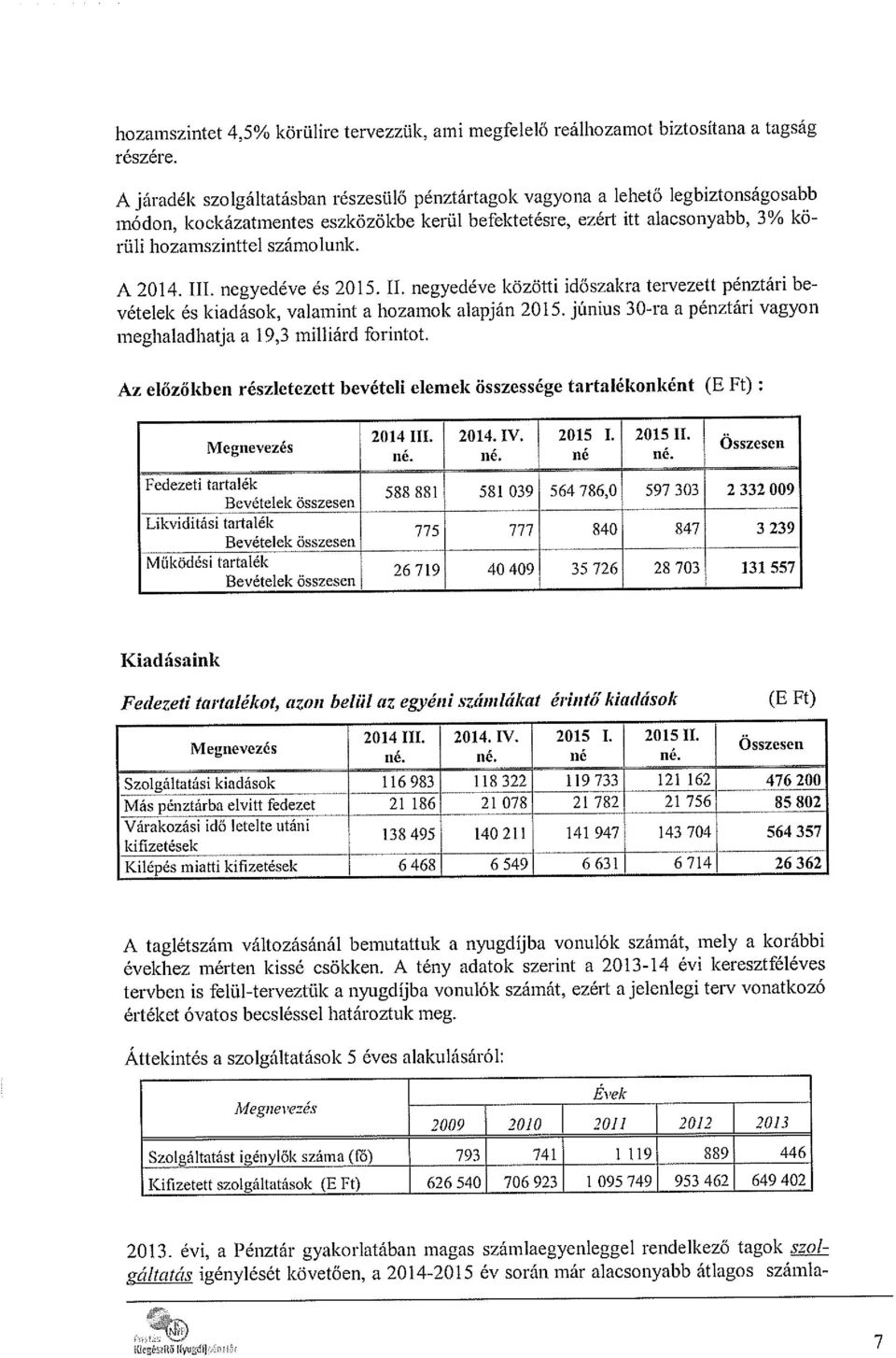 A 2014. III. negyedéve ás 2015. II. negyedéve közötti időszakra tervezett pénztári be vételek és kiadások, valamint a hozamok alapján 2015.