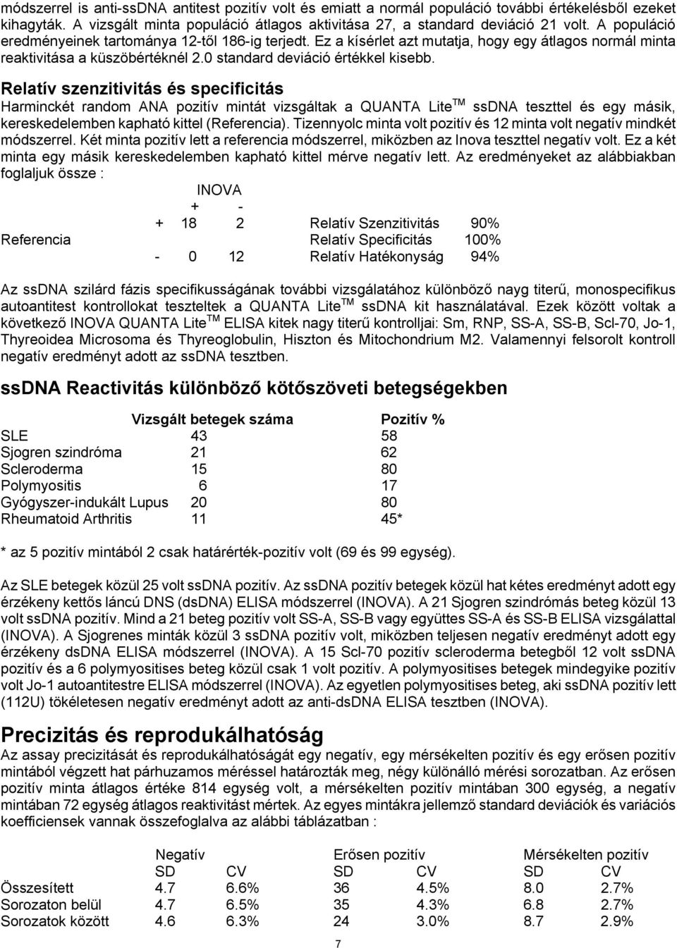 Relatív szenzitivitás és specificitás Harminckét random ANA pozitív mintát vizsgáltak a QUANTA Lite TM ssdna teszttel és egy másik, kereskedelemben kapható kittel (Referencia).