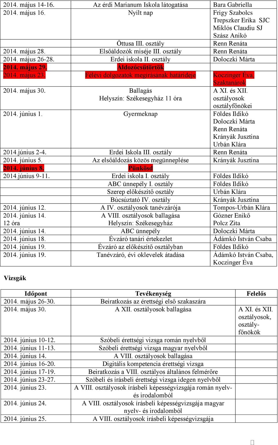 Félévi dolgozatok megírásának határideje, Szaktanárok 2014. május 30. Ballagás Helyszín: Székesegyház 11 óra A XI. és XII. osztályosok osztályfőnökei 2014. június 1.