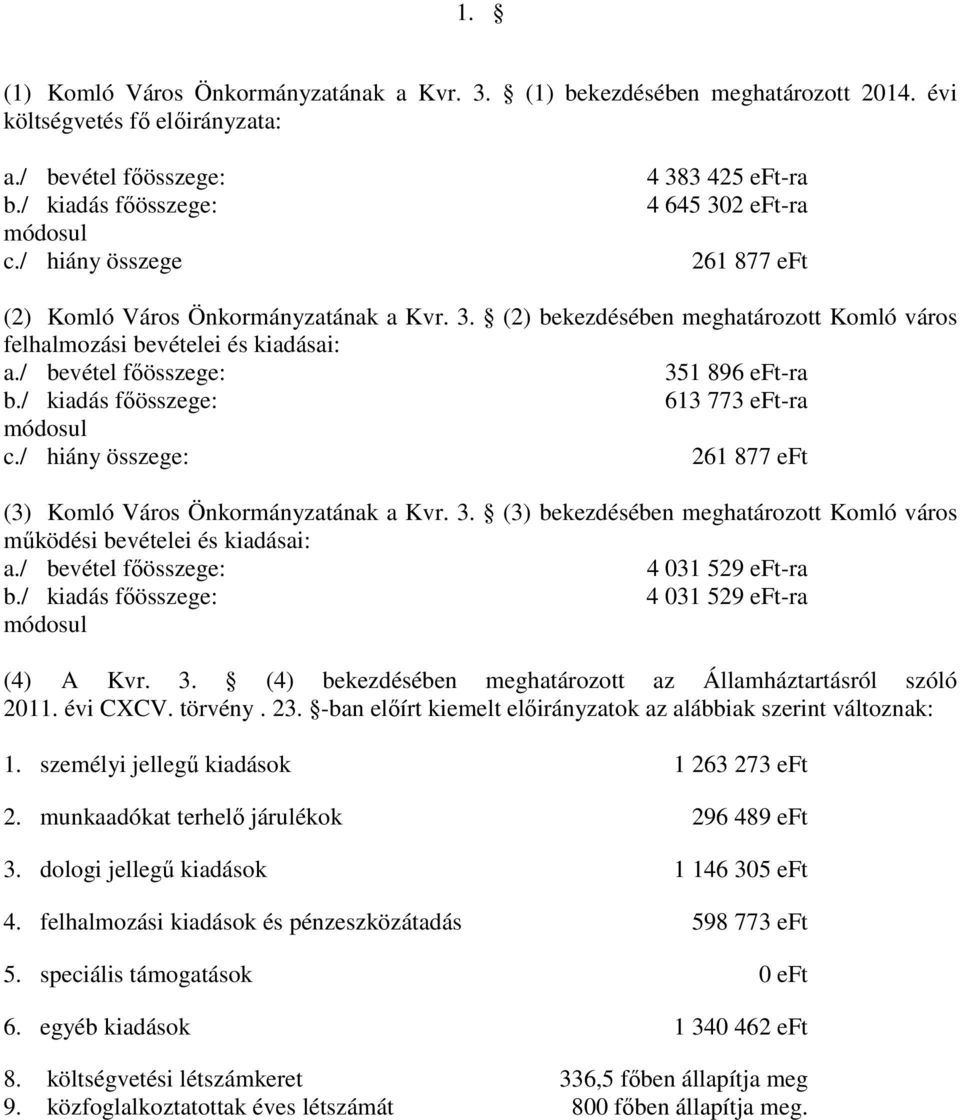 / bevétel főösszege: 351 896 eft-ra b./ kiadás főösszege: 613 773 eft-ra módosul c./ hiány összege: 261 877 eft (3) Komló Város Önkormányzatának a Kvr. 3. (3) bekezdésében meghatározott Komló város működési bevételei és kiadásai: a.