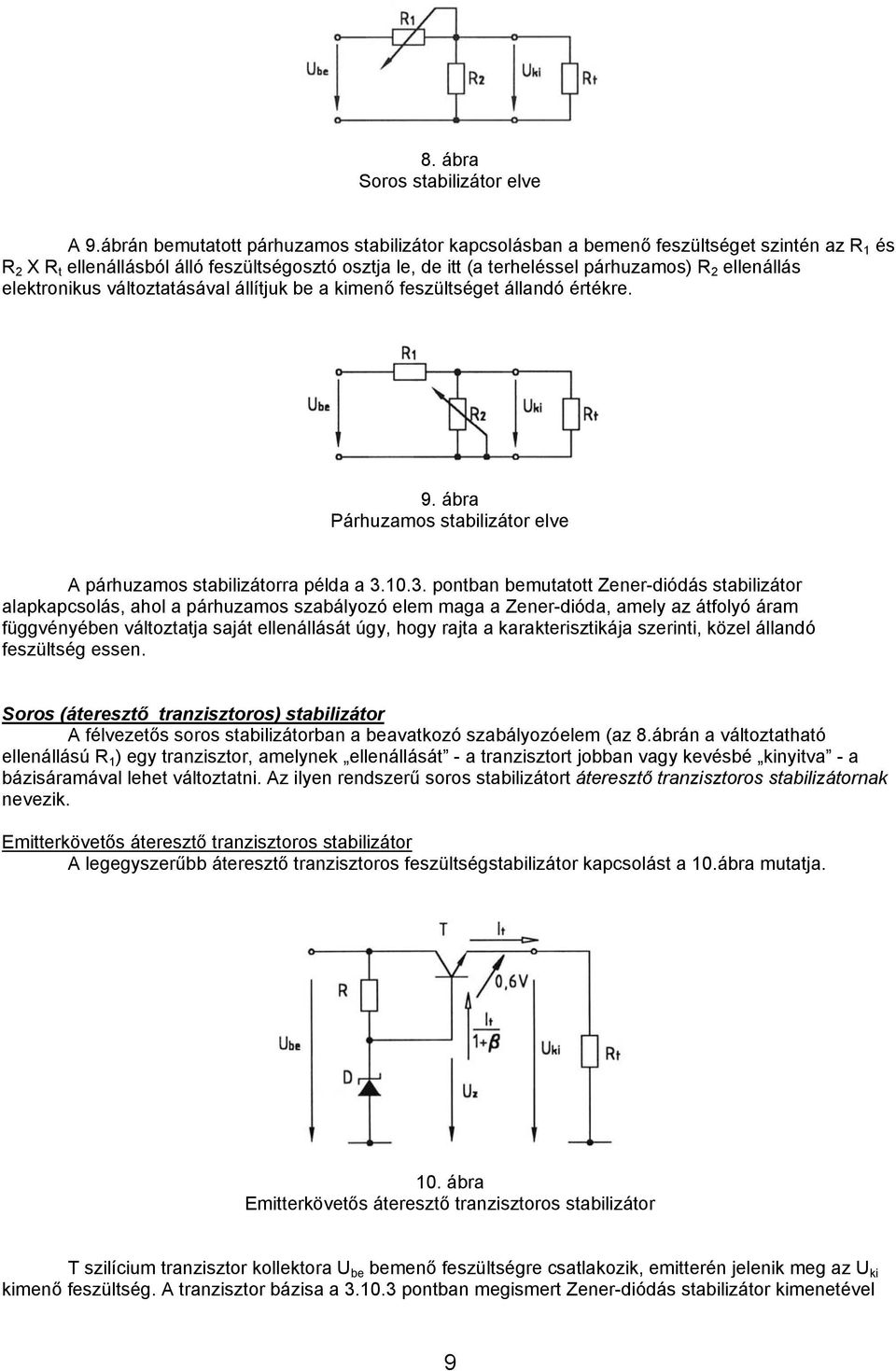 elektronikus változtatásával állítjuk be a kimenő feszültséget állandó értékre. 9. ábra Párhuzamos stabilizátor elve A párhuzamos stabilizátorra példa a 3.