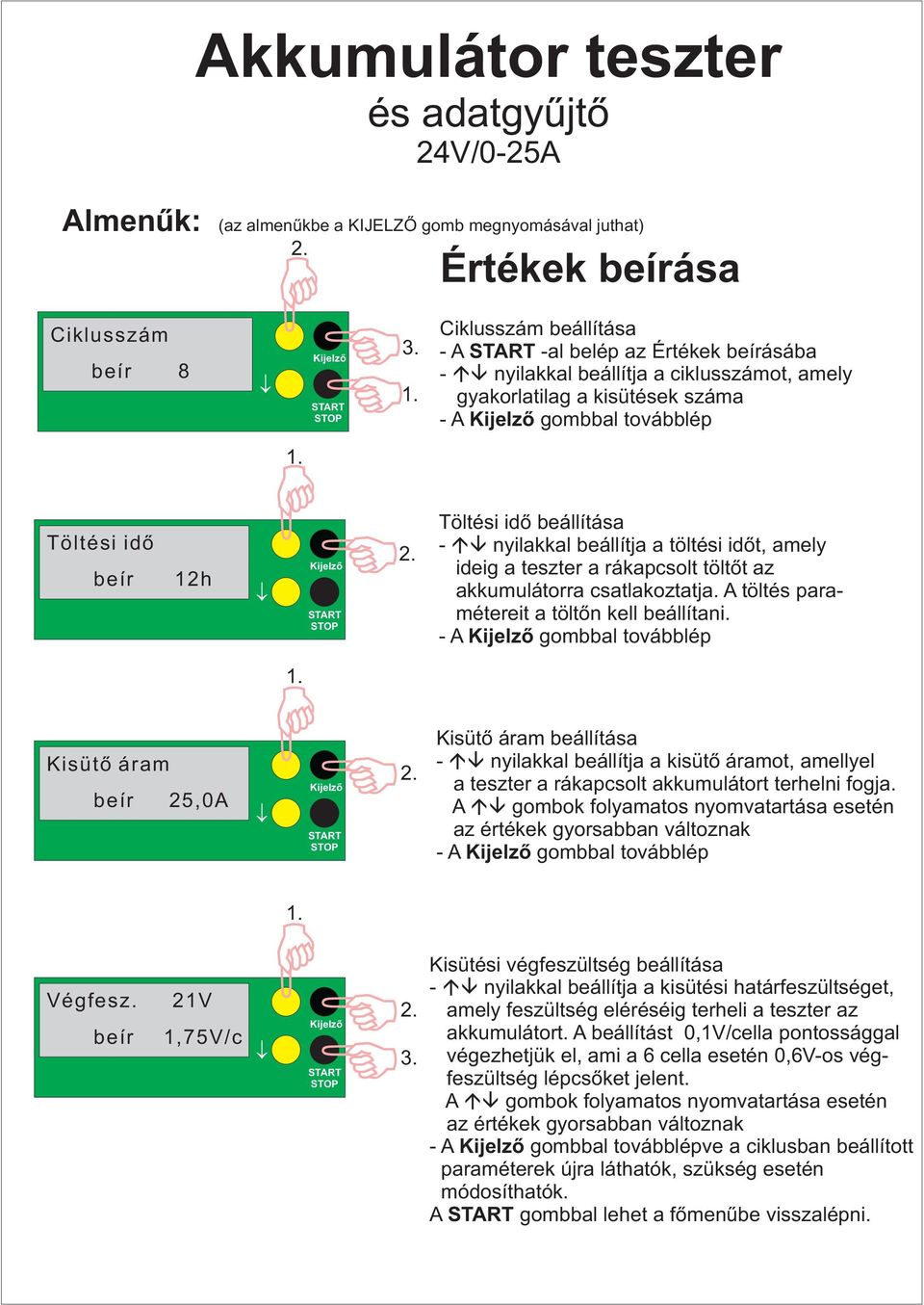 Töltési idő beállítása - nyilakkal beállítja a töltési időt, amely ideig a teszter a rákapcsolt töltőt az akkumulátorra csatlakoztatja. A töltés paramétereit a töltőn kell beállítani.