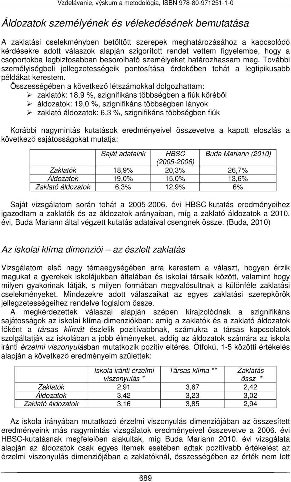 Összességében a következő létszámokkal dolgozhattam: zaklatók: 18,9 %, szignifikáns többségben a fiúk köréből áldozatok: 19,0 %, szignifikáns többségben lányok zaklató áldozatok: 6,3 %, szignifikáns