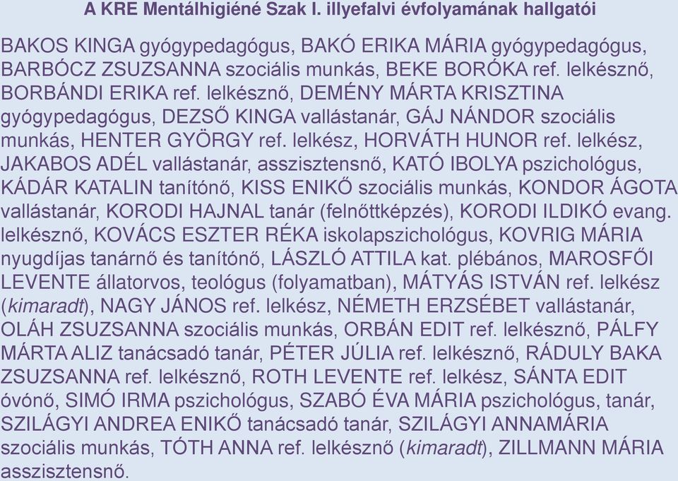 lelkész, JAKABOS ADÉL vallástanár, asszisztensnő, KATÓ IBOLYA pszichológus, KÁDÁR KATALIN tanítónő, KISS ENIKŐ szociális munkás, KONDOR ÁGOTA vallástanár, KORODI HAJNAL tanár (felnőttképzés), KORODI