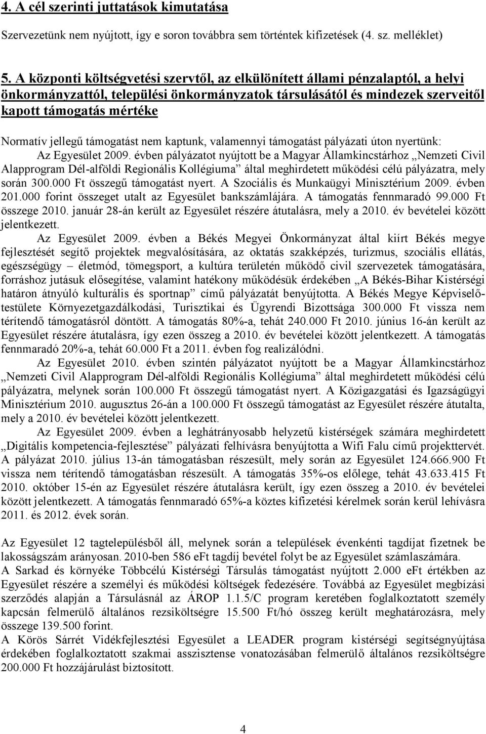 támogatást nem kaptunk, valamennyi támogatást pályázati úton nyertünk: Az Egyesület 2009.