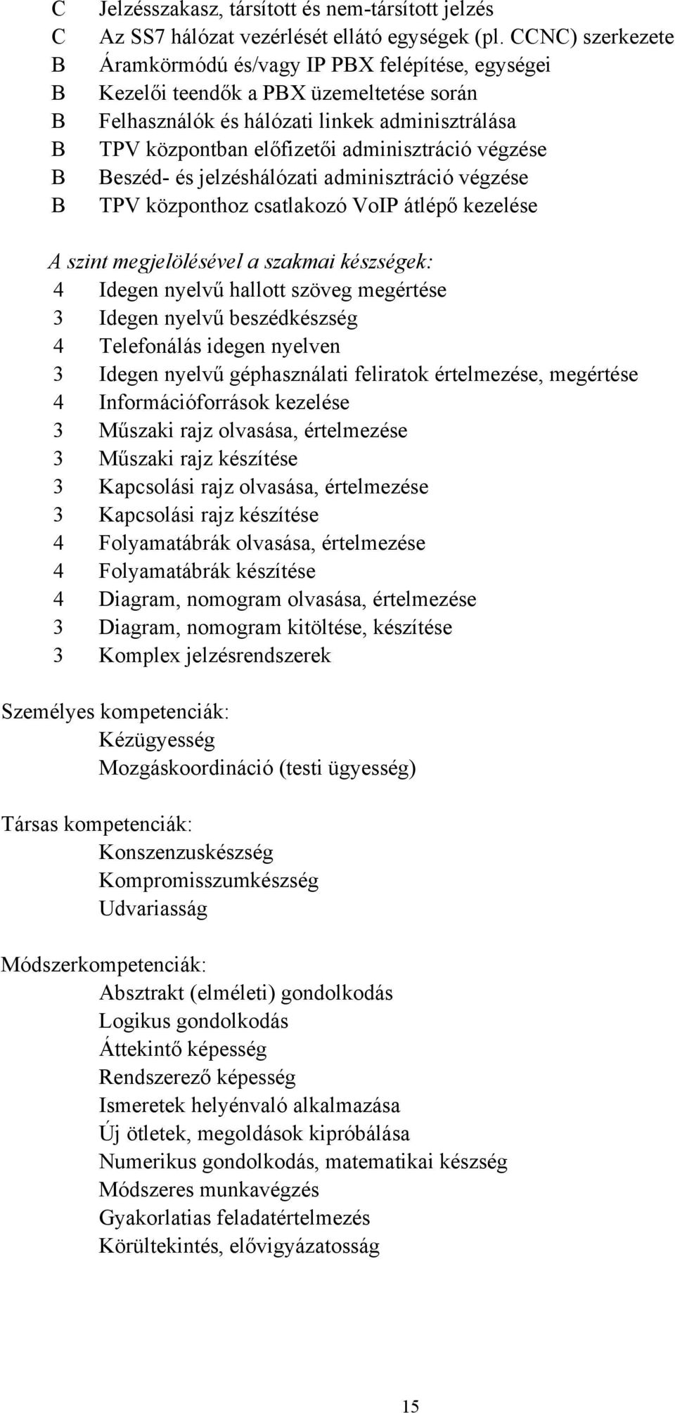 végzése Beszéd és jelzéshálózati adminisztráció végzése TPV központhoz csatlakozó VoIP átlépő kezelése A szint megjelölésével a szakmai készségek: 4 Idegen nyelvű hallott szöveg megértése 3 Idegen