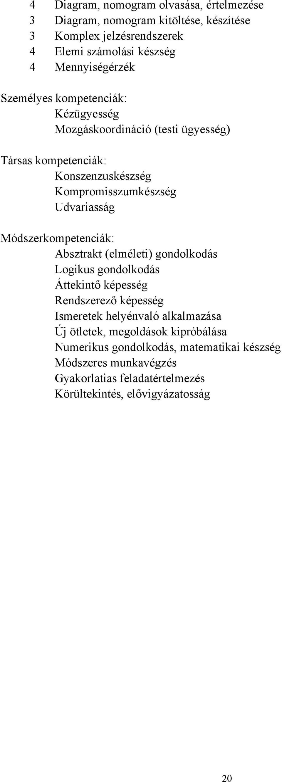 Udvariasság Módszerkompetenciák: Absztrakt (elméleti) gondolkodás Logikus gondolkodás Áttekintő képesség Rendszerező képesség Ismeretek helyénvaló