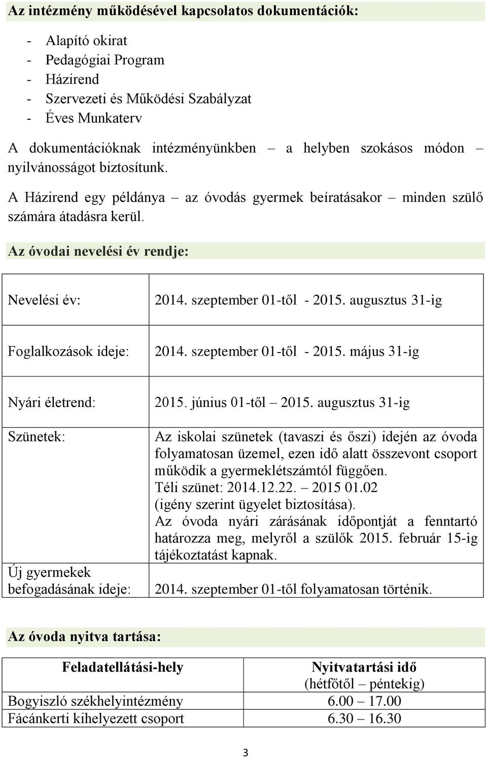 szeptember 01-től - 2015. augusztus 31-ig Foglalkozások ideje: 2014. szeptember 01-től - 2015. május 31-ig Nyári életrend: Szünetek: Új gyermekek befogadásának ideje: 2015. június 01-től 2015.