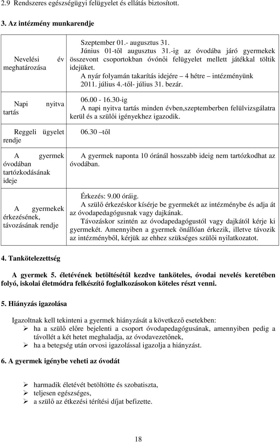 Napi tartás nyitva 06.00-16.30-ig A napi nyitva tartás minden évben,szeptemberben felülvizsgálatra kerül és a szülői igényekhez igazodik.