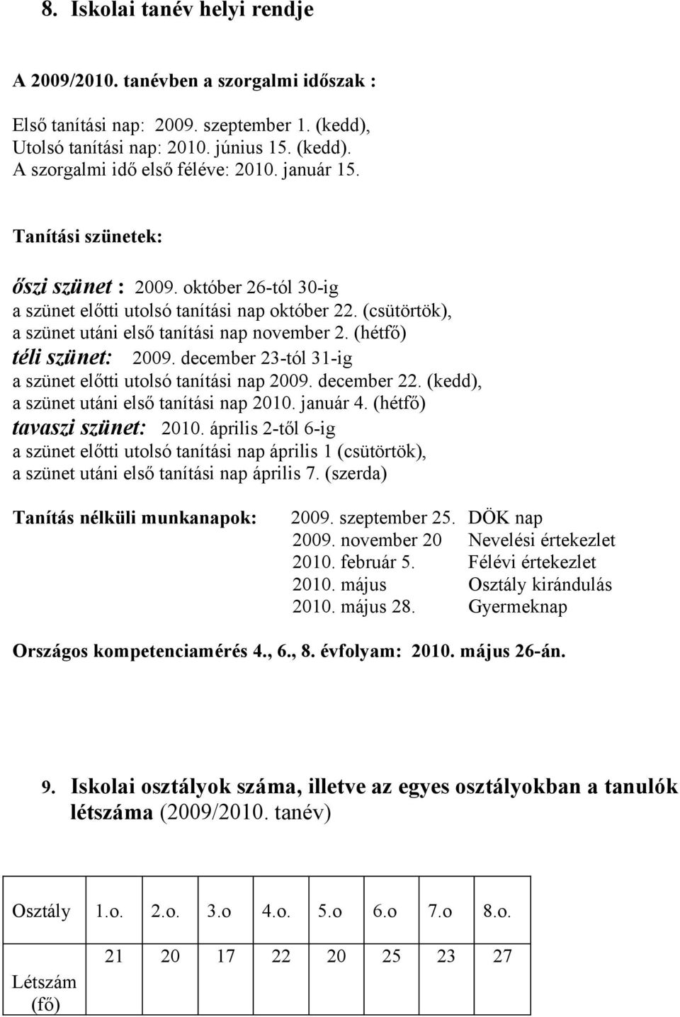 (hétfő) téli szünet: 2009. december 23-tól 31-ig a szünet előtti utolsó tanítási nap 2009. december 22. (kedd), a szünet utáni első tanítási nap 2010. január 4. (hétfő) tavaszi szünet: 2010.