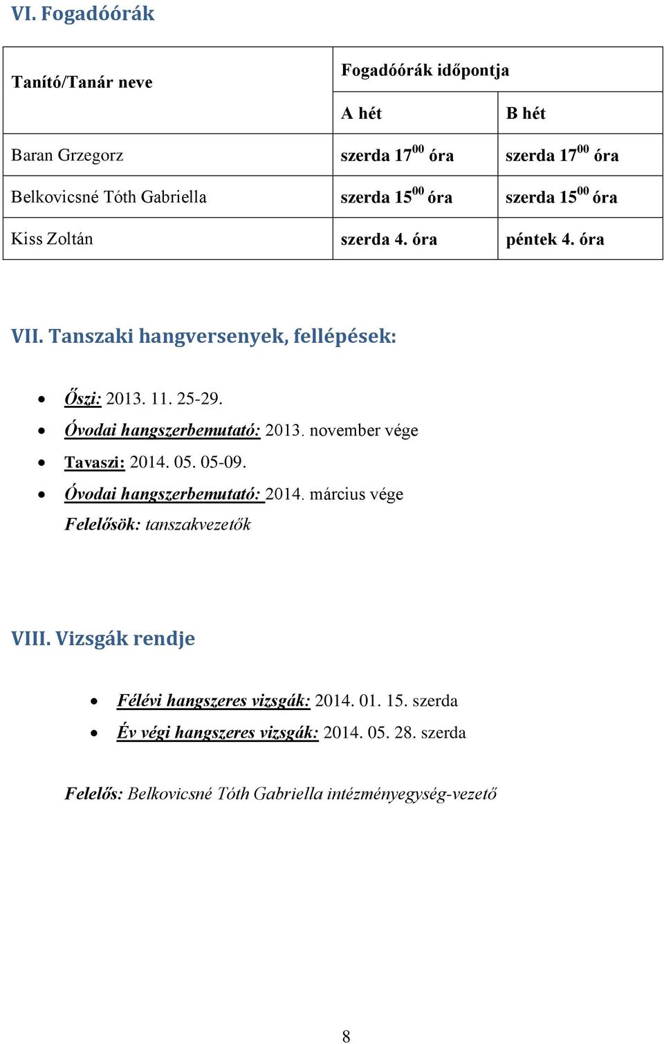 Óvodai hangszerbemutató: 2013. november vége Tavaszi: 2014. 05. 05-09. Óvodai hangszerbemutató: 2014. március vége Felelősök: tanszakvezetők VIII.