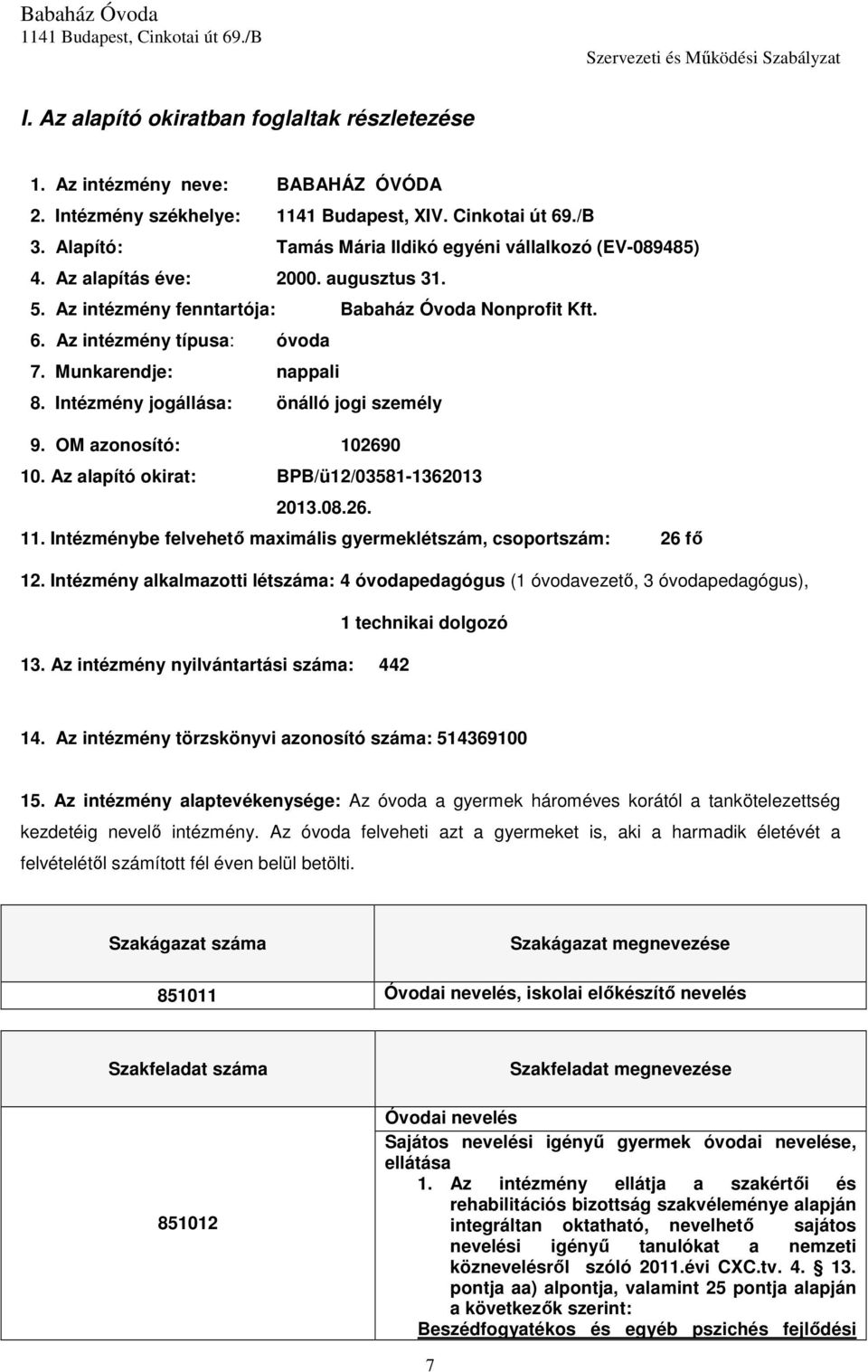 Munkarendje: nappali 8. Intézmény jogállása: önálló jogi személy 9. OM azonosító: 102690 10. Az alapító okirat: BPB/ü12/03581-1362013 2013.08.26. 11.