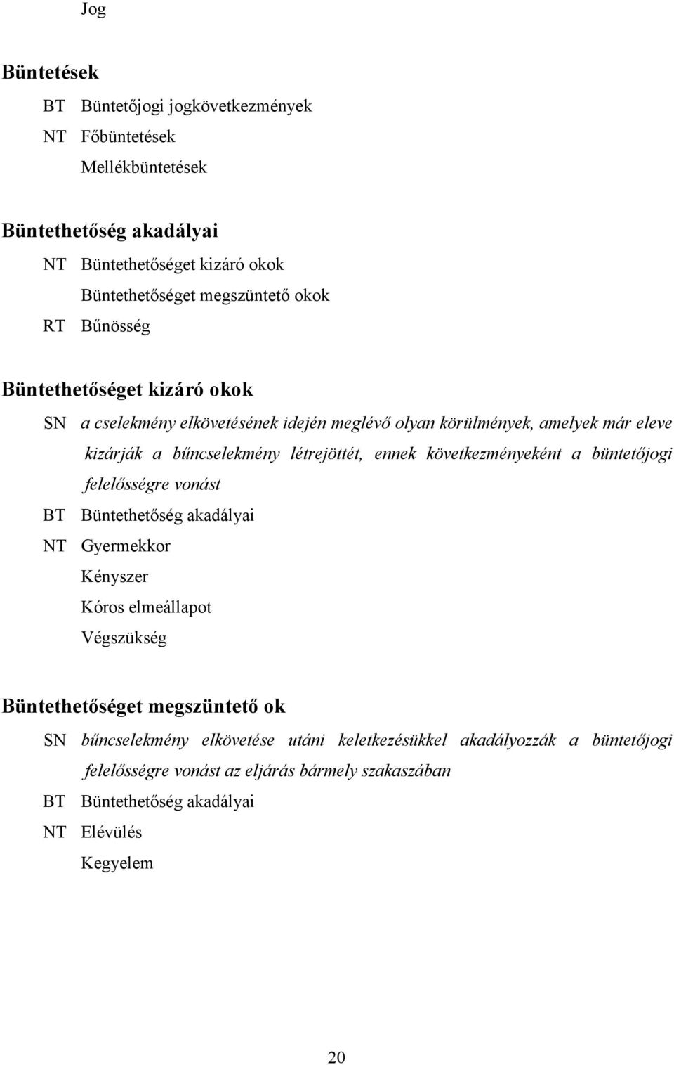 következményeként a büntetőjogi felelősségre vonást BT Büntethetőség akadályai NT Gyermekkor Kényszer Kóros elmeállapot Végszükség Büntethetőséget megszüntető ok SN