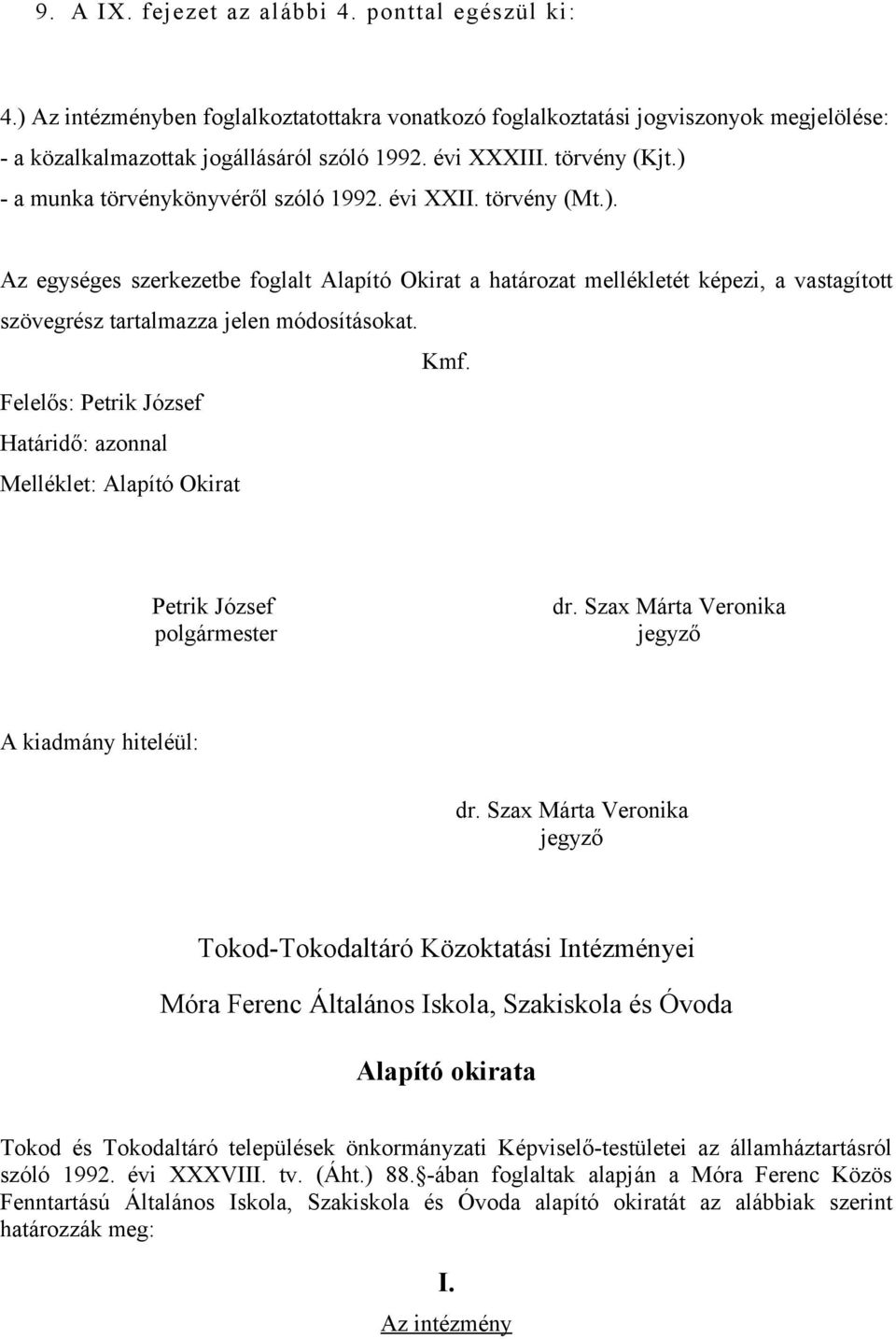 Kmf. Felelős: Petrik József Határidő: azonnal Melléklet: Alapító Okirat Petrik József polgármester dr. Szax Márta Veronika jegyző A kiadmány hiteléül: dr.