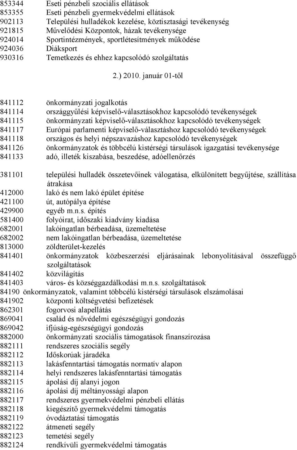 január 01-től 841112 önkormányzati jogalkotás 841114 országgyűlési képviselő-választásokhoz kapcsolódó tevékenységek 841115 önkormányzati képviselő-választásokhoz kapcsolódó tevékenységek 841117