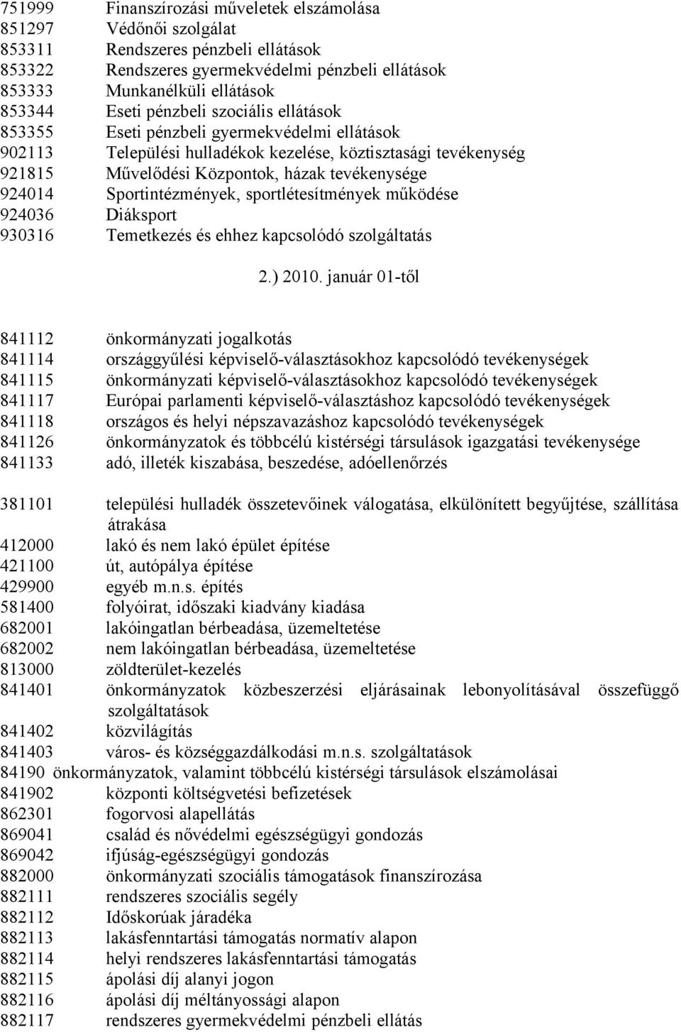 924014 Sportintézmények, sportlétesítmények működése 924036 Diáksport 930316 Temetkezés és ehhez kapcsolódó szolgáltatás 2.) 2010.