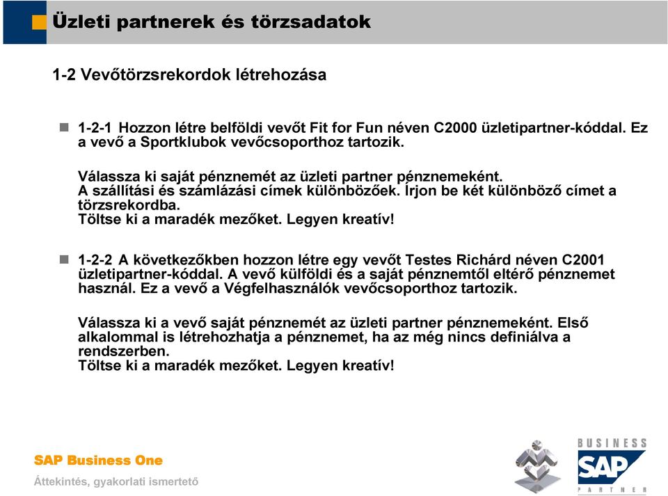 Legyen kreatív! 1-2-2 A következıkben hozzon létre egy vevıt Testes Richárd néven C2001 üzletipartner-kóddal. A vevı külföldi és a saját pénznemtıl eltérı pénznemet használ.