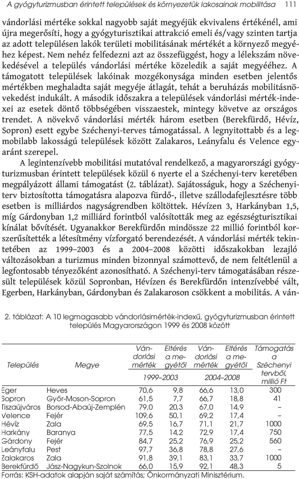 értékénél, ami újra megerősíti, hogy a gyógyturisztikai attrakció emeli és/vagy szinten tartja az adott településen lakók területi mobilitásának mértékét a környező megyéhez képest.