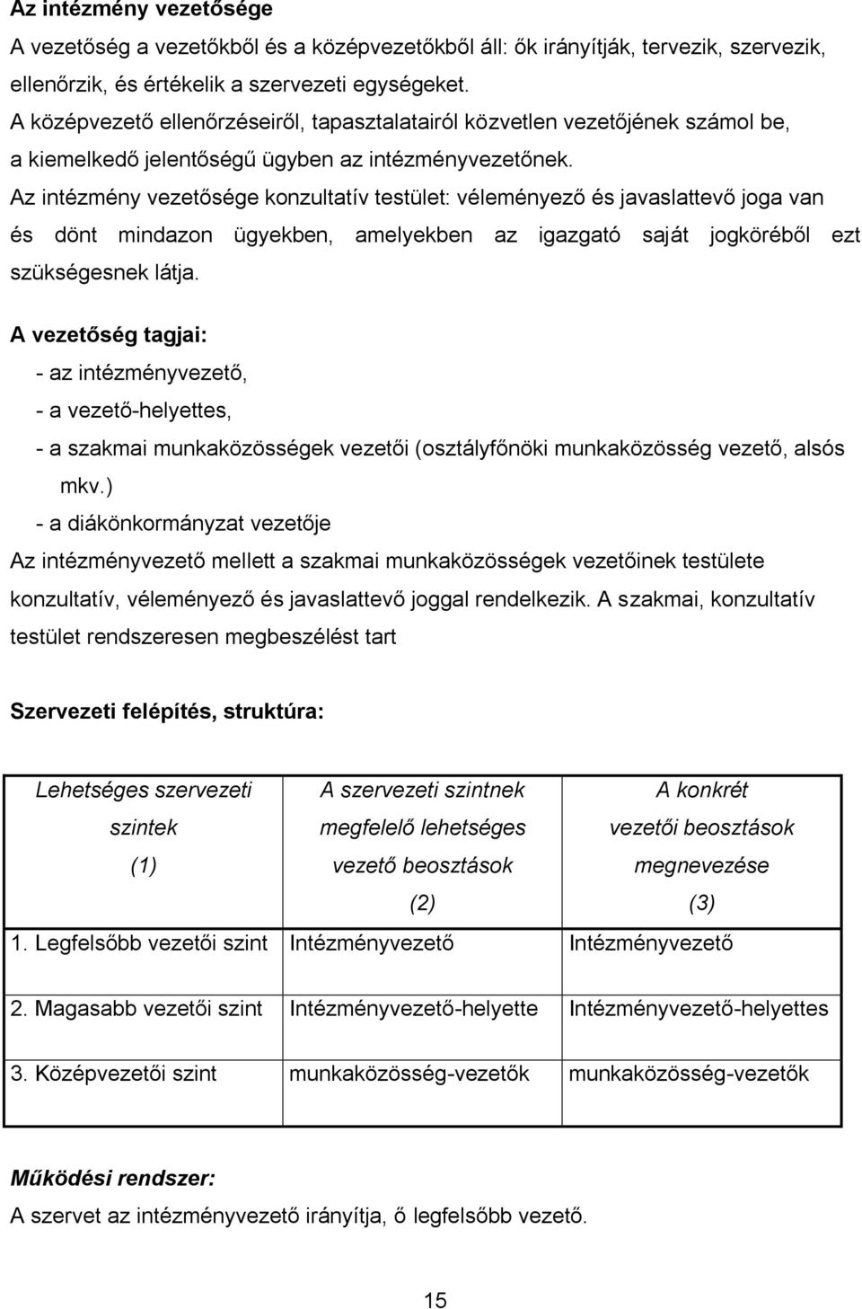 Az intézmény vezetősége konzultatív testület: véleményező és javaslattevő joga van és dönt mindazon ügyekben, amelyekben az igazgató saját jogköréből ezt szükségesnek látja.