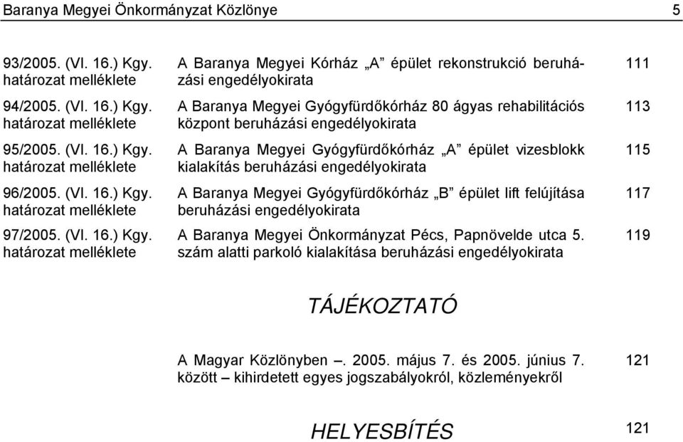 határozat melléklete A Baranya Megyei Kórház A épület rekonstrukció beruházási engedélyokirata A Baranya Megyei Gyógyfürdőkórház 80 ágyas rehabilitációs központ beruházási engedélyokirata A Baranya