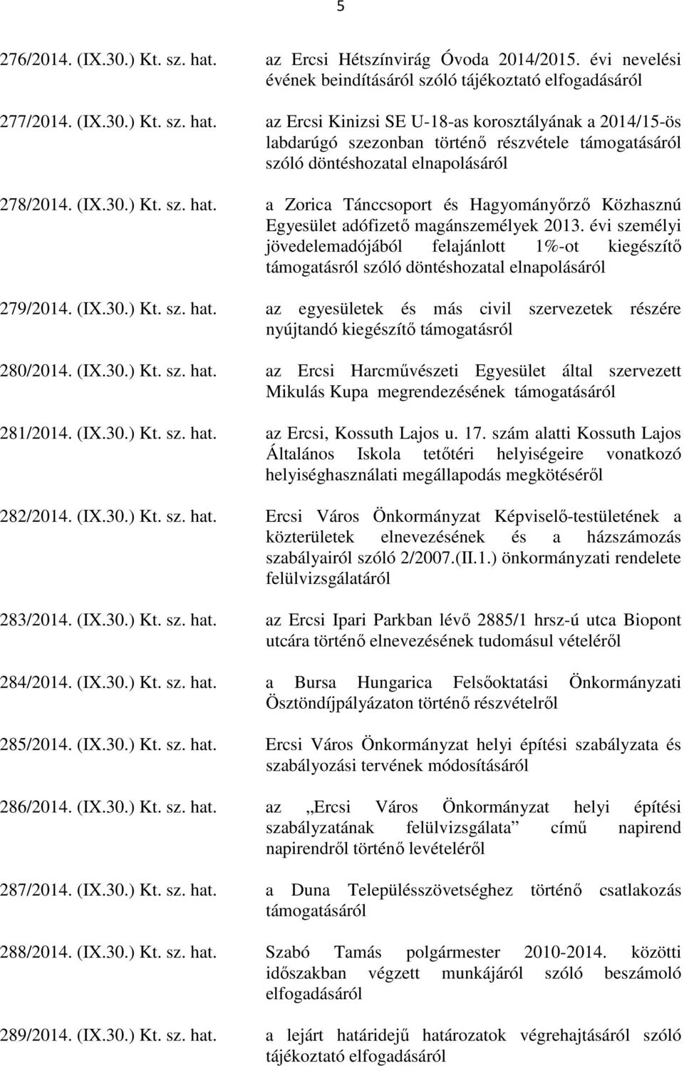 évi személyi jövedelemadójából felajánlott 1%-ot kiegészítő támogatásról szóló döntéshozatal elnapolásáról 279/2014. (IX.30.) Kt. sz. hat.