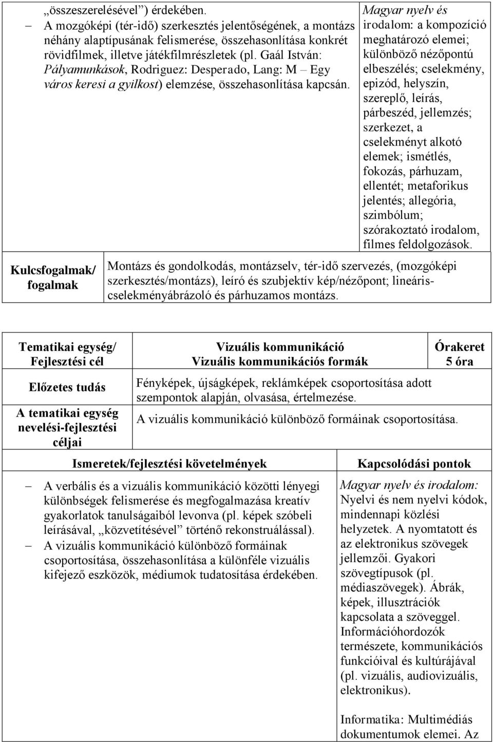 Magyar nyelv és irodalom: a kompozíció meghatározó elemei; különböző nézőpontú elbeszélés; cselekmény, epizód, helyszín, szereplő, leírás, párbeszéd, jellemzés; szerkezet, a cselekményt alkotó