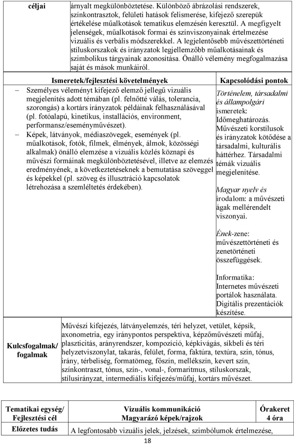 A legjelentősebb művészettörténeti stíluskorszakok és irányzatok legjellemzőbb műalkotásainak és szimbolikus tárgyainak azonosítása. Önálló vélemény megfogalmazása saját és mások munkáiról.