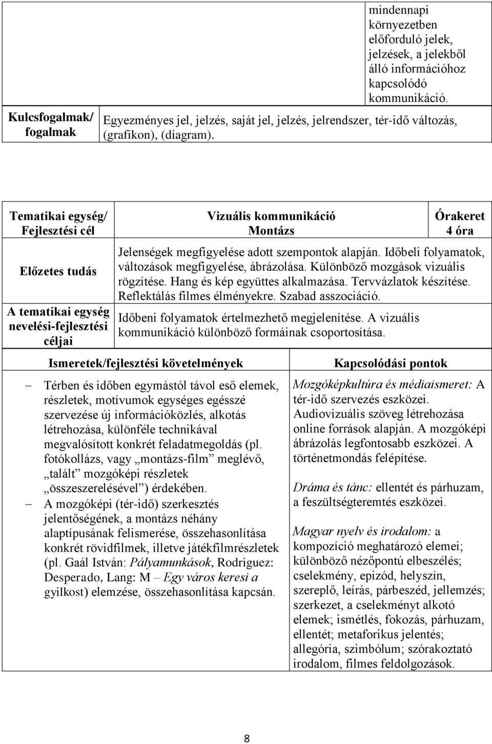 Időbeli folyamatok, változások megfigyelése, ábrázolása. Különböző mozgások vizuális rögzítése. Hang és kép együttes alkalmazása. Tervvázlatok készítése. Reflektálás filmes élményekre.