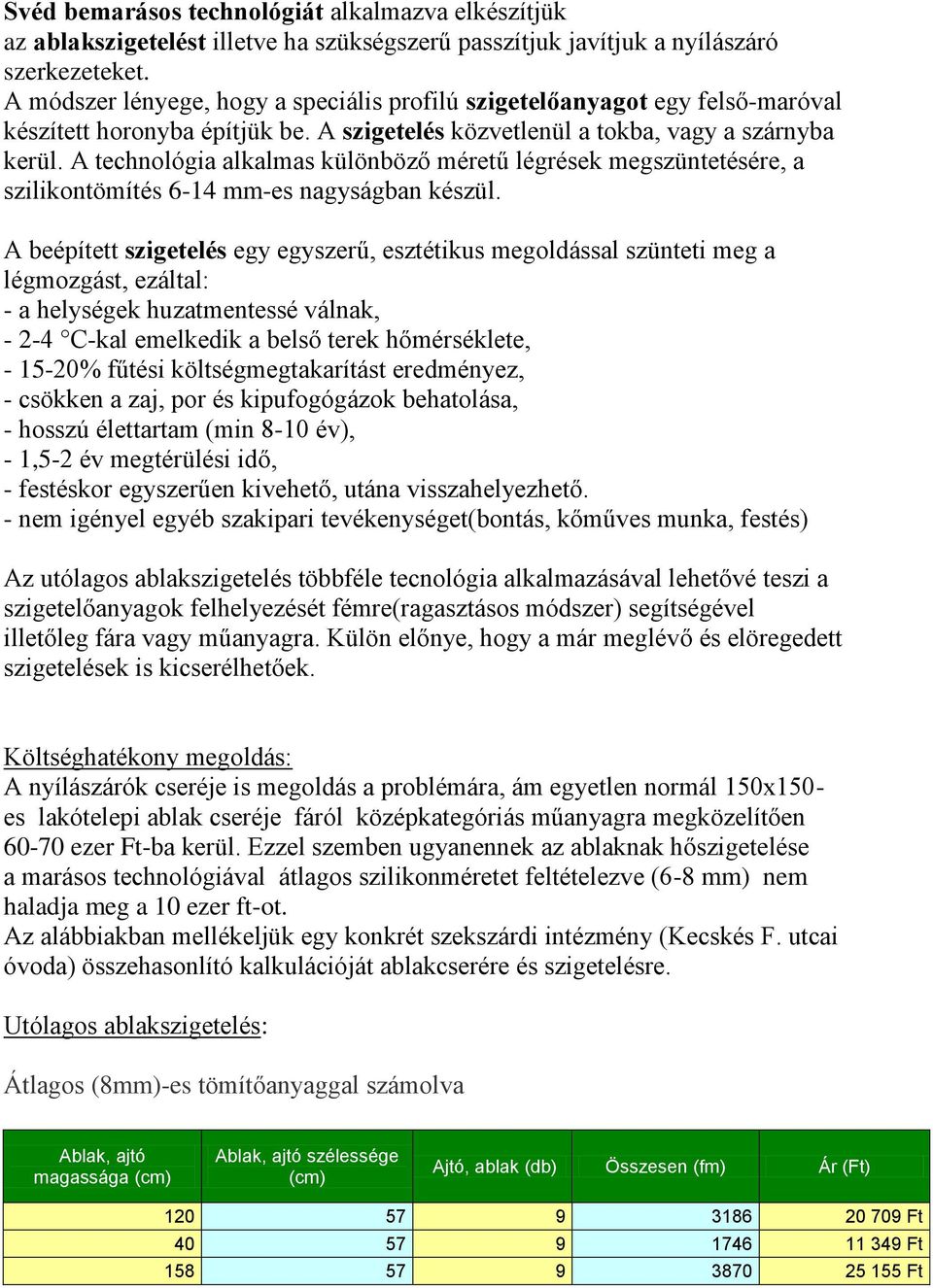 A technológia alkalmas különböző méretű légrések megszüntetésére, a szilikontömítés 6-14 mm-es nagyságban készül.